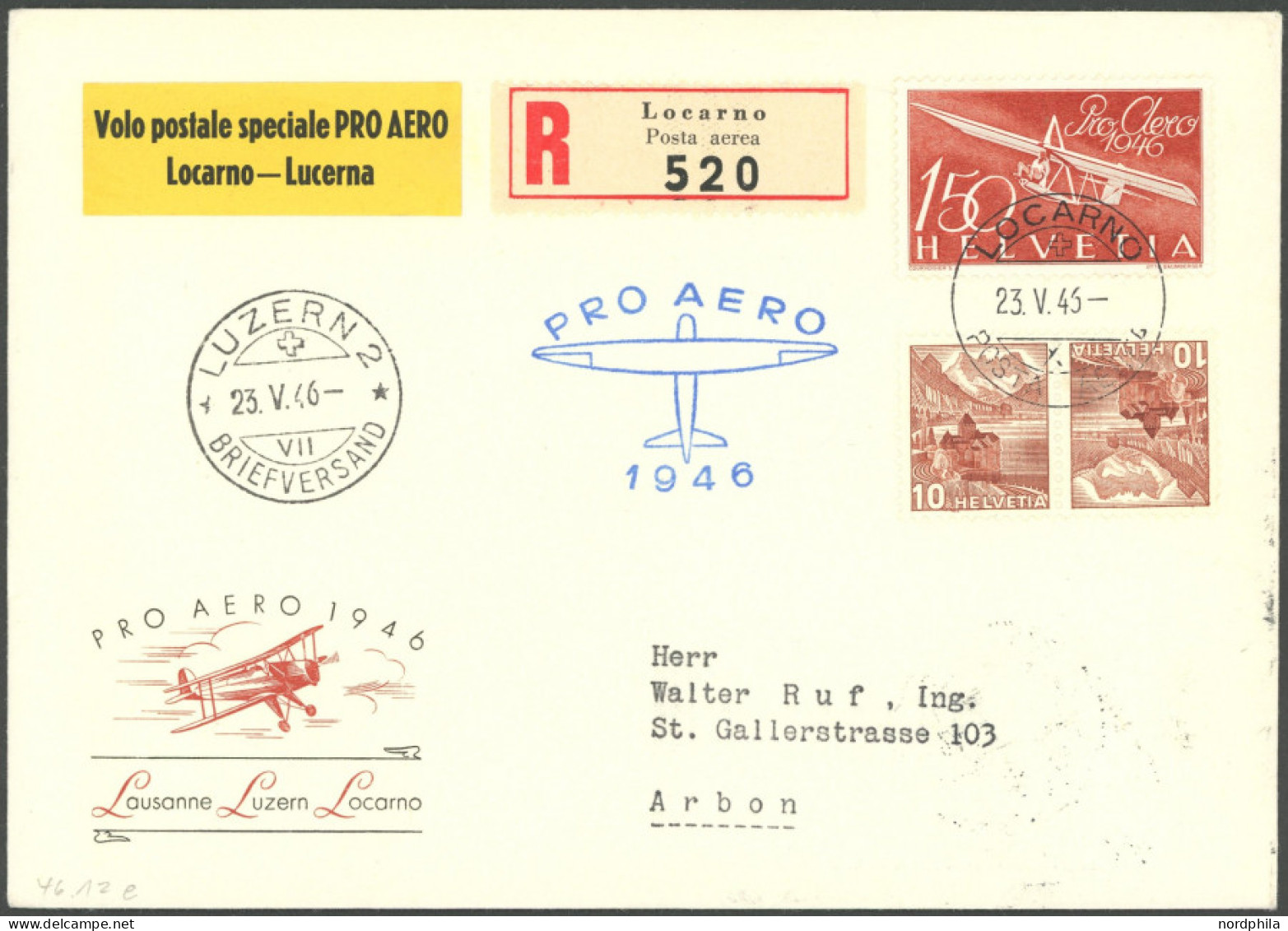 LUFTPOST SF 46.12e BRIEF, 23.5.1946, LOCARNO-LUZERN, Einschreibbrief, Pracht - First Flight Covers