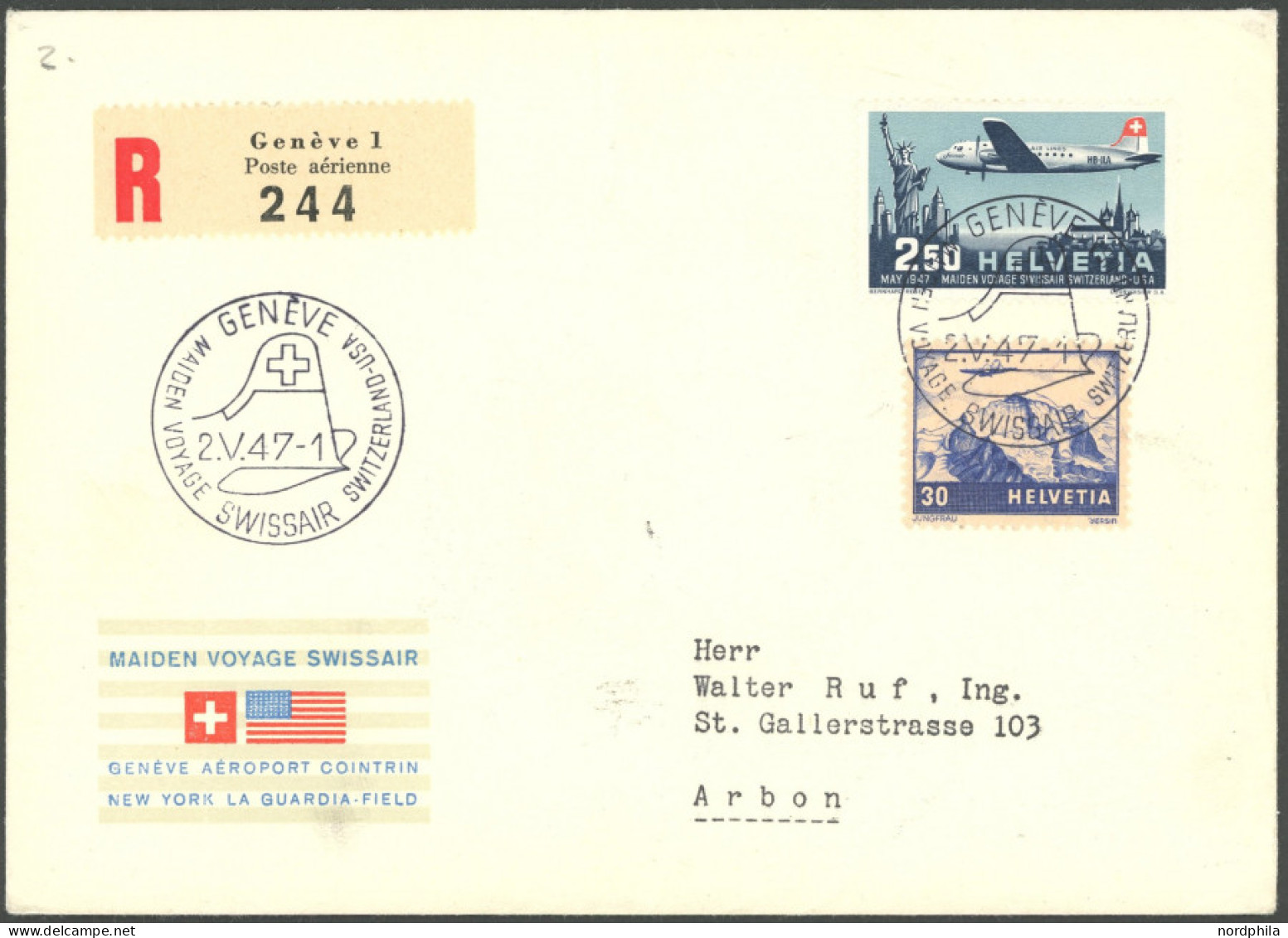 LUFTPOST SF 47.5 BRIEF, 2.5.1947, GENF-WASHINGTON, Einschreibbrief In Die Schweiz, Pracht - Erst- U. Sonderflugbriefe