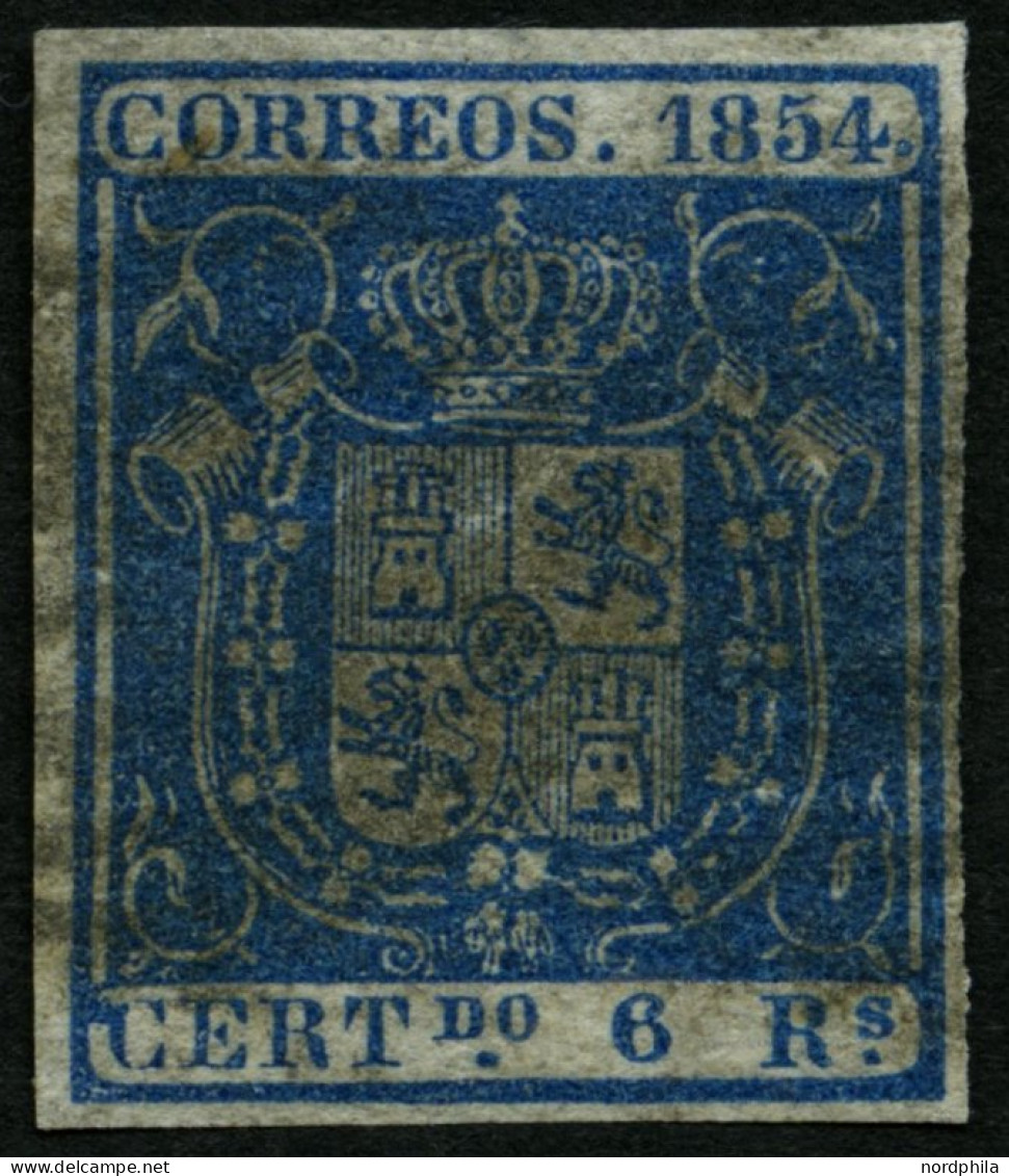 SPANIEN 30w O, 1854, 6 R. Blau, Dünnes Weißes Papier, Pracht, Mi. 300.- - Usados