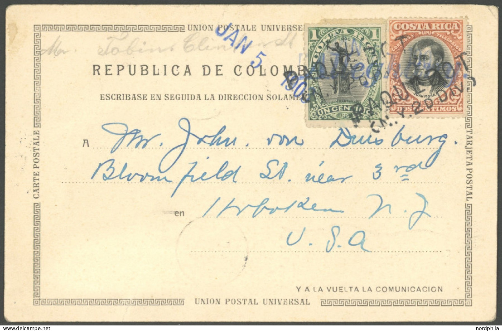 COSTA-RICA 39-40 BRIEF, 1903, 1 C. Schwarz/grün Und 2 C. Schwarz/orange Auf Ansichtskarte Von Cartagena Mit Blauem Schif - Costa Rica