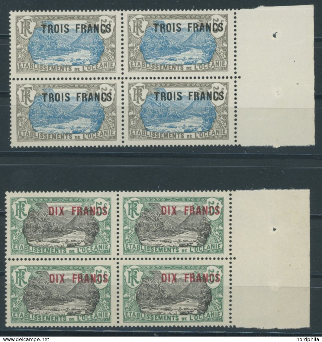 FRANZÖSISCH-OZEANIEN 82/3 VB , 1924, 3 Fr. Auf 5 Fr. Grau/blau Und 10 Fr. Auf 5 Fr. Grün/grau, Je Im Randviererblock, Po - Other & Unclassified