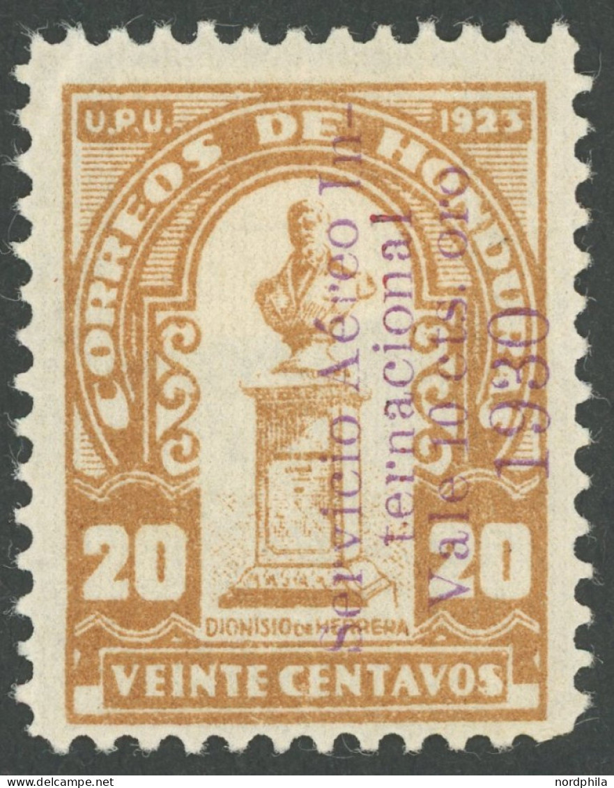 HONDURAS 246b , 1930, 10 Cts. Auf 20 C. Hellbraun, Aufdruck Violett, Falzrest, Pracht, Mi. 800.- - Honduras