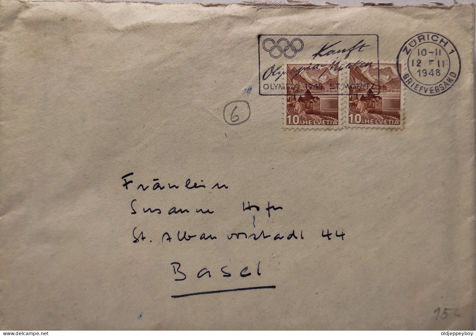 1948 COVER WITH OLIMPIC GAMES CANCELLATION FROM BRIEFVERSAND ZURICH TO BASEL SWITZERLAND - Winter 1948: St. Moritz