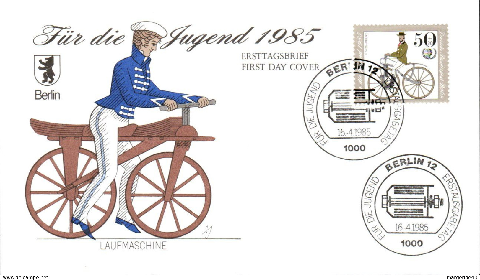 BERLIN FDC 1985 SERIE HISTOIRE DE LA BICYCLETTE - 1981-1990