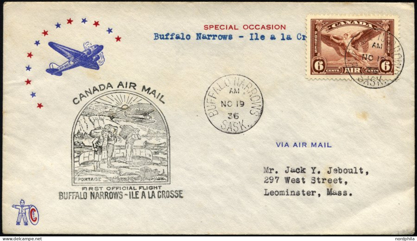KANADA 196 BRIEF, 19.11.1936, Erstflug BUFFALO NARROWS-ILE A LA GROSSE, Prachtbrief, Müller 286 - First Flight Covers