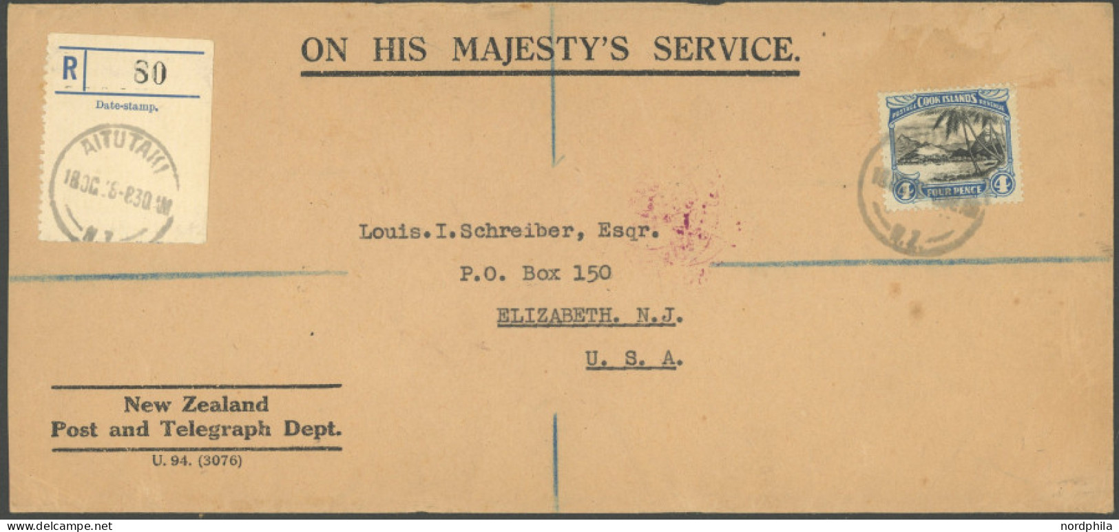 NEUSEELAND 1938, Postdienstbrief, Einschreiben Mit 4 P. Cook Islands, Von AITUTAKI In Die USA, Pracht - Otros & Sin Clasificación