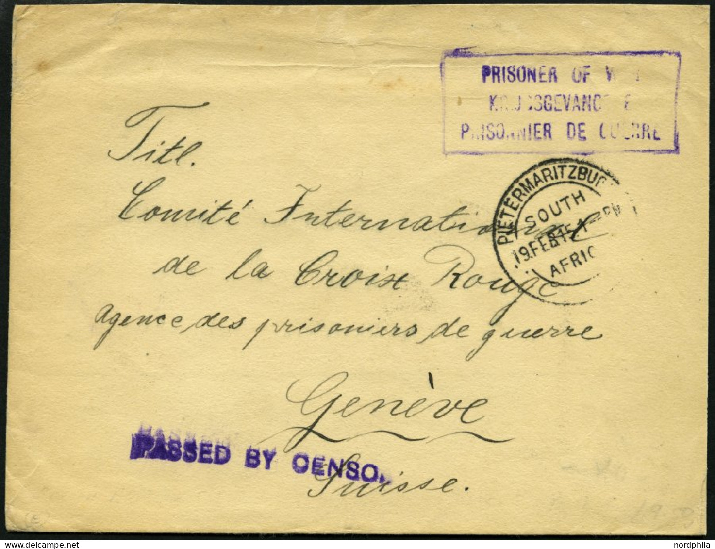 SÜDAFRIKA AB 1910 1915, Kriegsfangenenbrief Aus PIETERSMARITZBURG Mit Violettem Dreisprachigen R3 Prisoner Of War Und Vi - Cartas