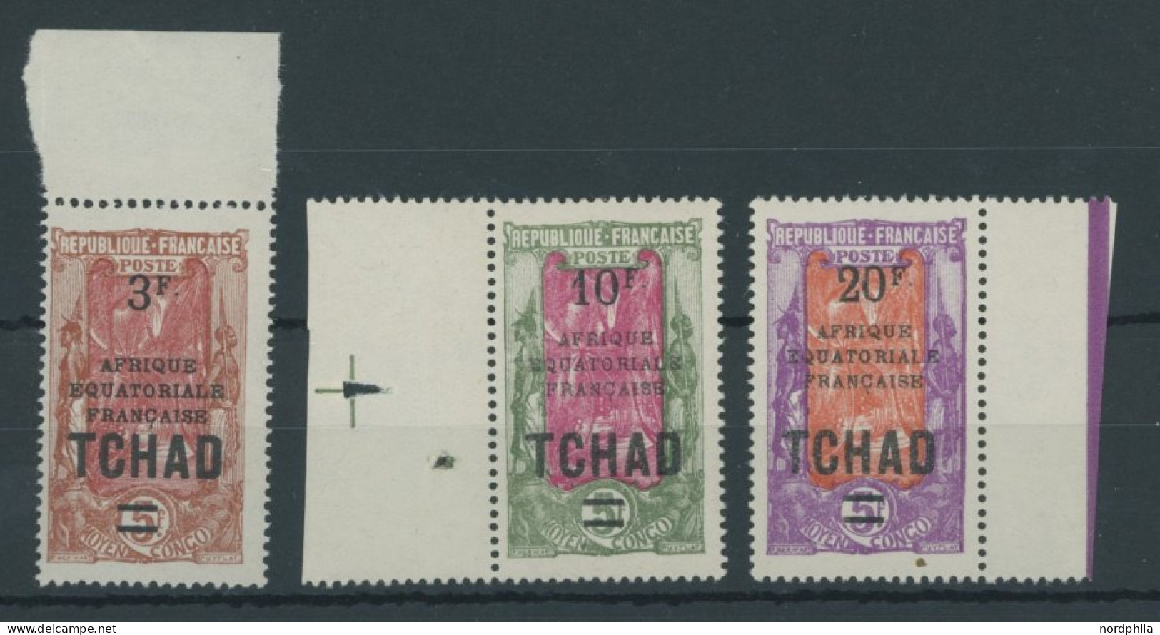 TSCHAD 42-45 , 1925, 3 Fr. Auf 5 Fr. - 25 Fr. Auf 5 Fr. Freimarken, Postfrisch, 3 Prachtwerte - Nuevos