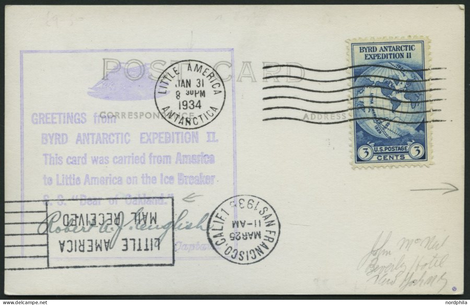 USA 359 BRIEF, 1934, Ansichtskarte Von Byrd Antarctic Expedition: Greetings From..., Mit Verschiedenen Poststempeln Und  - Andere & Zonder Classificatie