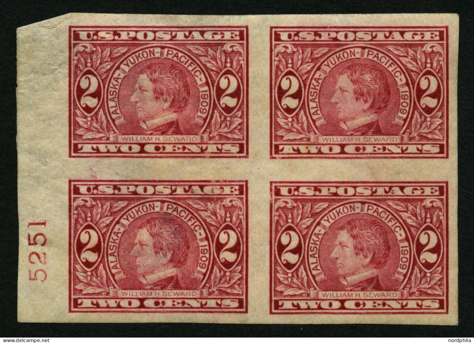 USA 176B VB , , Scott 371, 1909, 2 C. Alaska-Yukon-Pacific-Ausstellung, Ungezähnt, Im Viererblock Mit Plattennummer, Fei - Unused Stamps