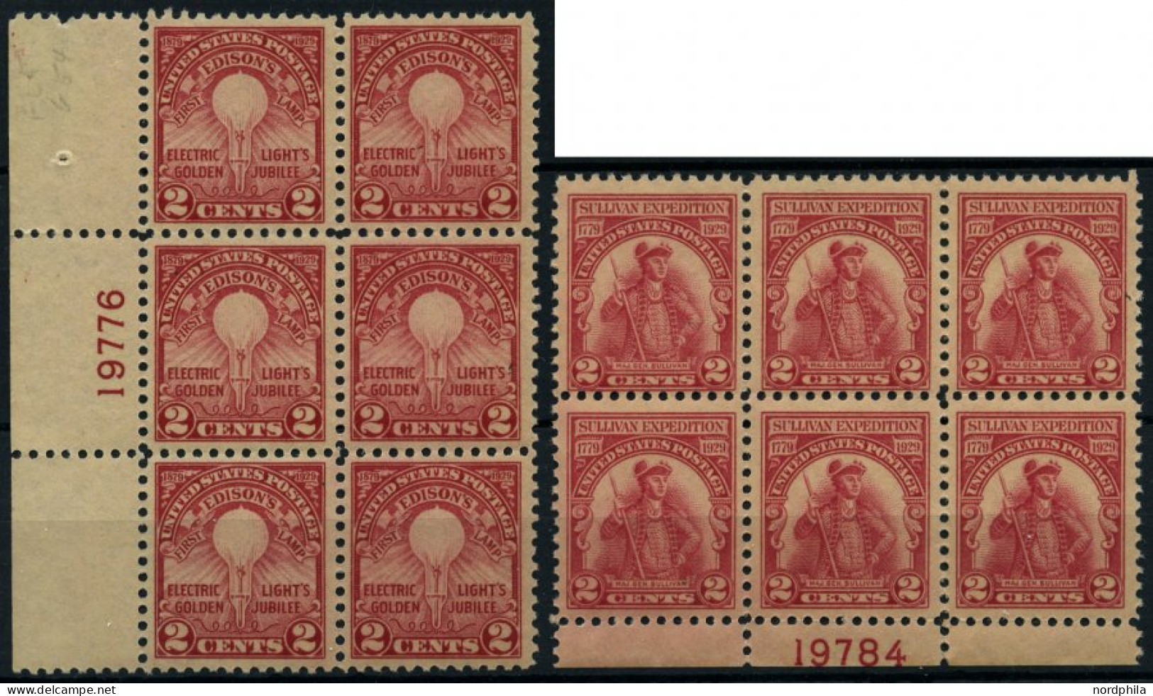 USA 317A,318 , Scott 654/5, 1929, 2 C. Edison Und Sullivan, Je In Postfrischen Sechserblock Mit Plattennummer, Pracht, $ - Unused Stamps