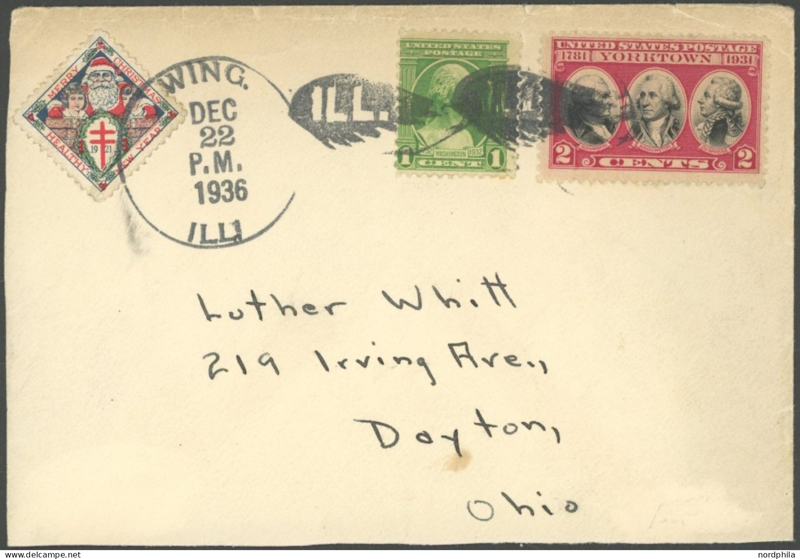 USA 1936, K1 WING. ILL. 22.12., Motivstempel Auf Brief Mit Weihnachts-Vignette, Pracht - Andere & Zonder Classificatie