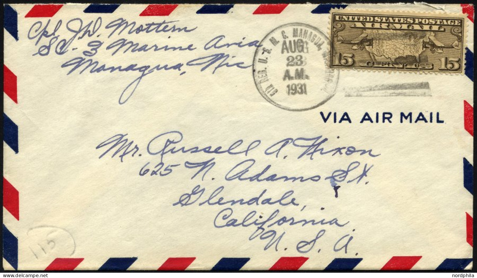 FELDPOST 1931, Feldpostbrief Mit 15 C. Flugpostmarke Entwertet Mit Stempel Des 5. Marine-Regiments, Von Managua/Nicaragu - Briefe U. Dokumente