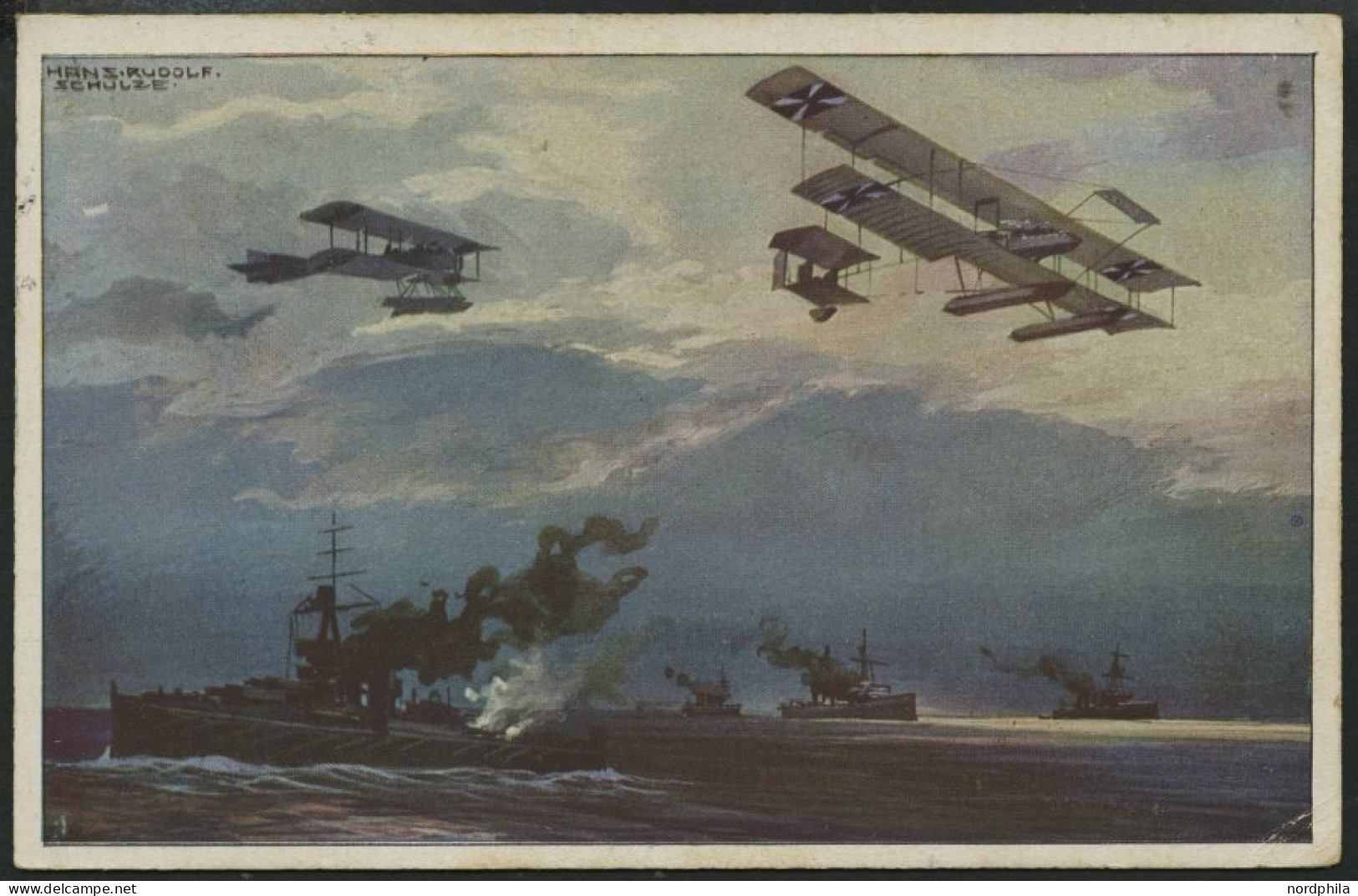 ALTE POSTKARTEN - FLUGZEUGE Wasserflugzeuge über Der Englischen Flotte, Farbige Künstlerkarte Von 1916 - Avions