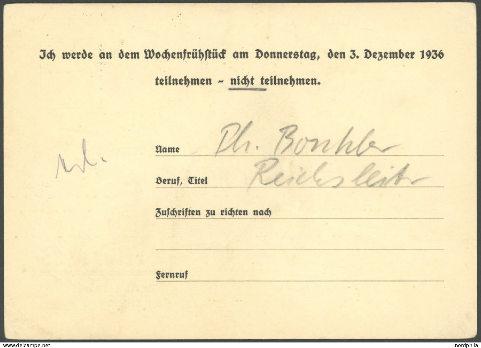 Dt. Reich 1936, Philipp Bouhler (1899-1945), NSDAP Reichsleiter, Vordruckkarte Mit Absage An Dem Wochenfrühstück Der Ges - Other & Unclassified