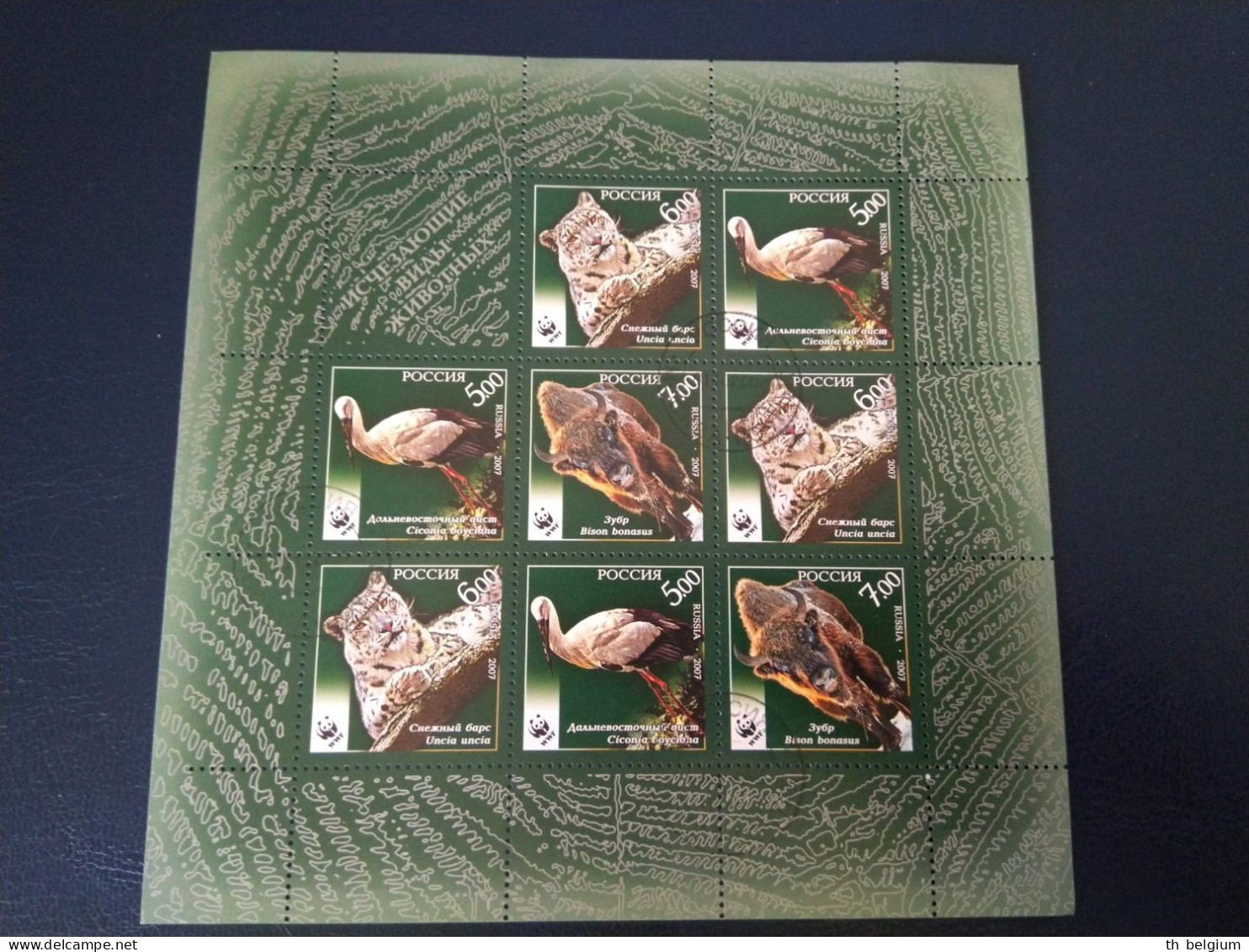 WWF Russia 2007 - Animals: Snow Leopard - Oriental Stork - European Bison - Complete Sheet 8 Stamps + Label - Usati