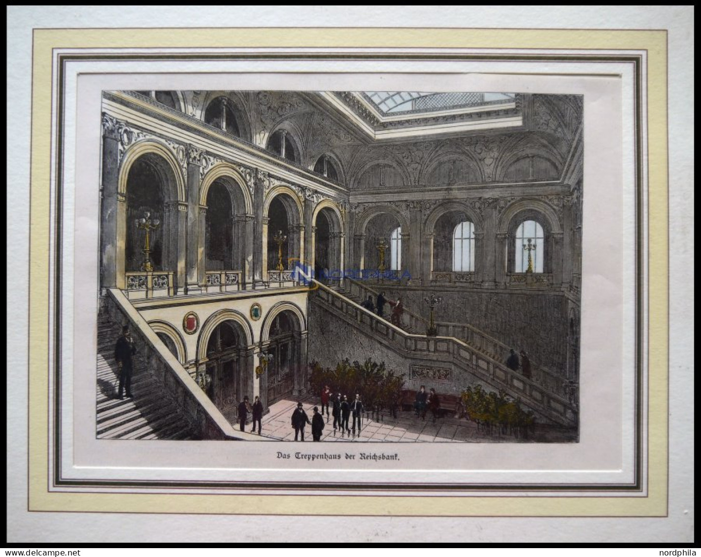 BERLIN: Das Treppenhaus Der Reichsbank, Kolorierter Holzstich Um 1880 - Prenten & Gravure