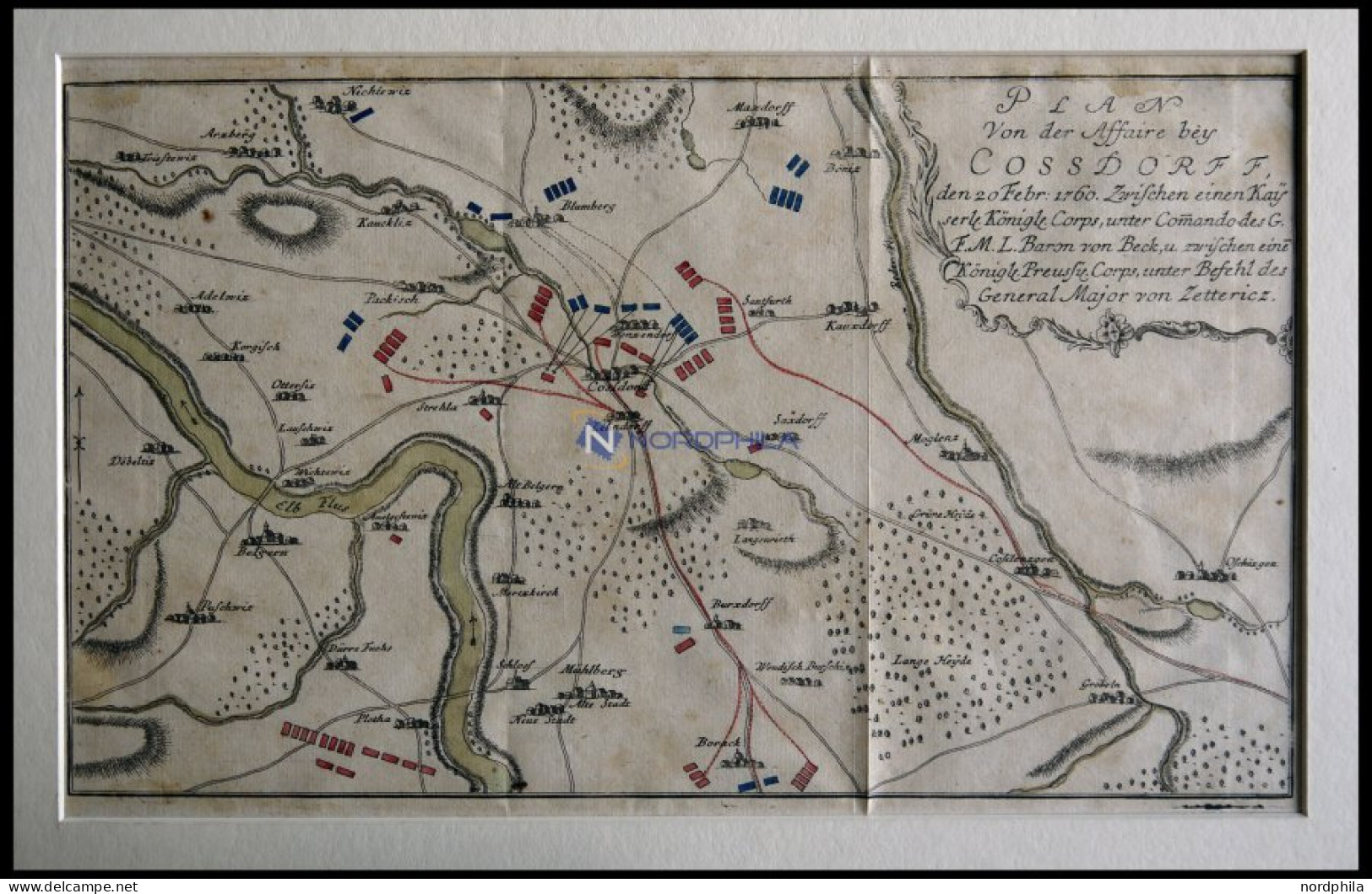 COSSDORF, Schlacht Vom 20.2.1760 Mit Umgebung, Altkolorierter Kupferstich Von Ca. 1760 - Estampas & Grabados