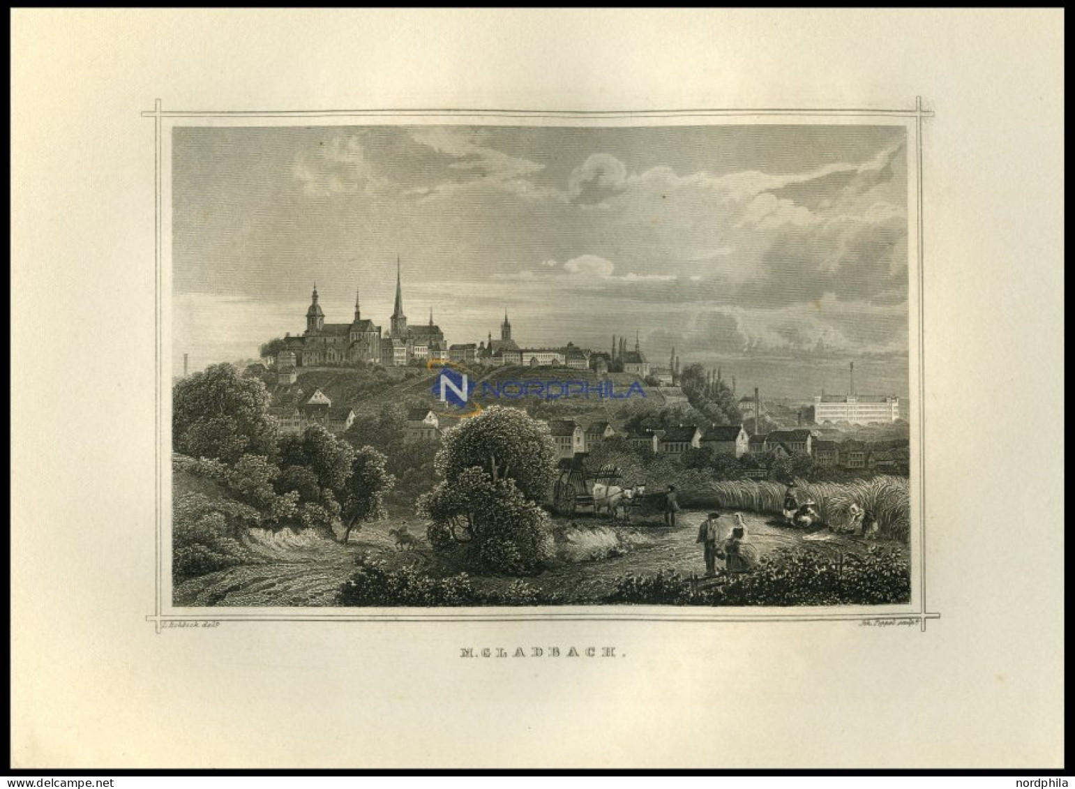 GLADBACH, Gesamtansicht Mit Hübscher Personenstaffage Im Vordergrund, Stahlstich Von Rohbock/Poppel Um 1850 - Prints & Engravings