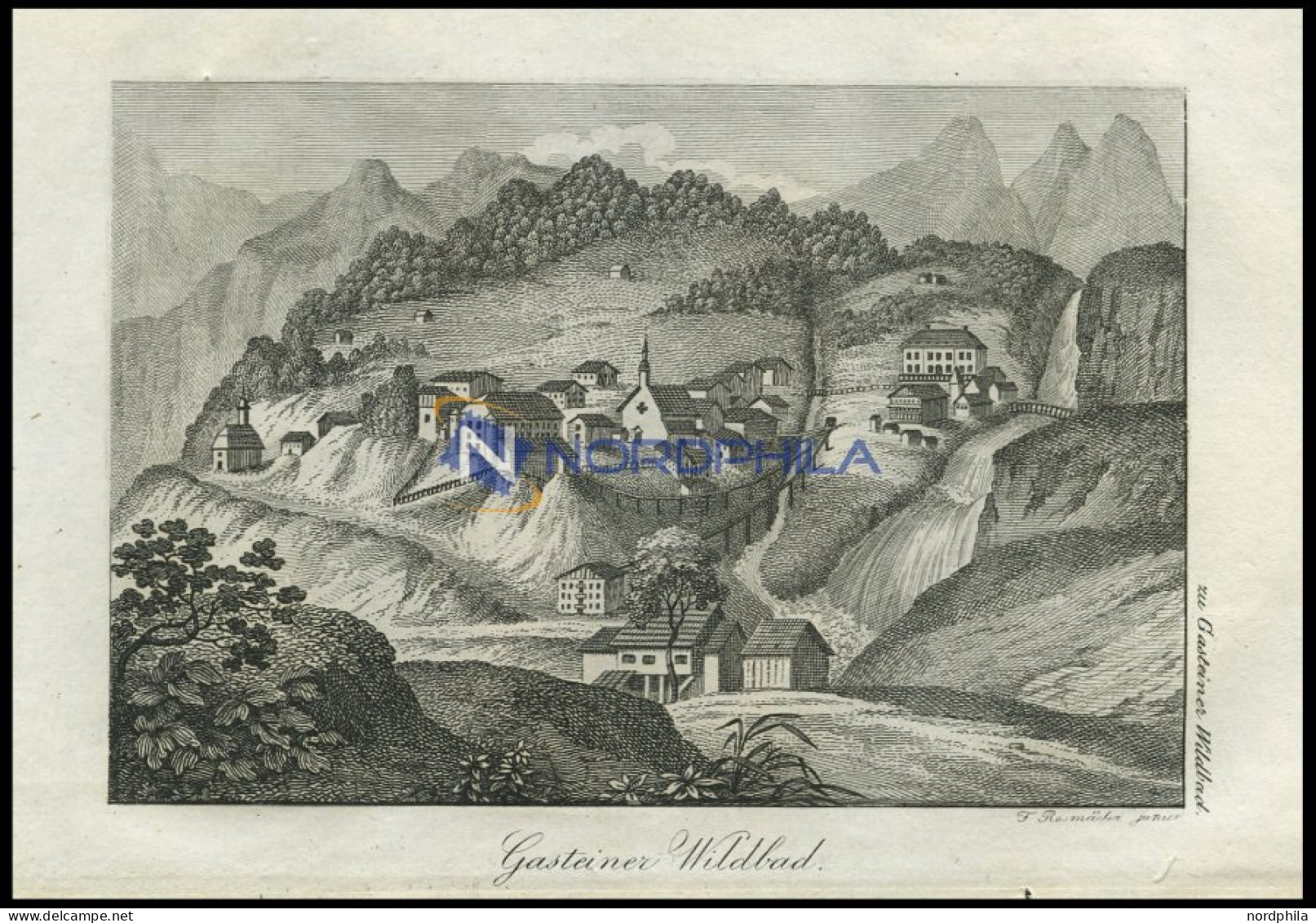 GASTEINER WILDBAD, Land Salzburg/Alpen, Gesamtansicht, Von Bergen Umschlossen, Kupferstich Von F. Rosmäsler Jun. Von 182 - Litografía