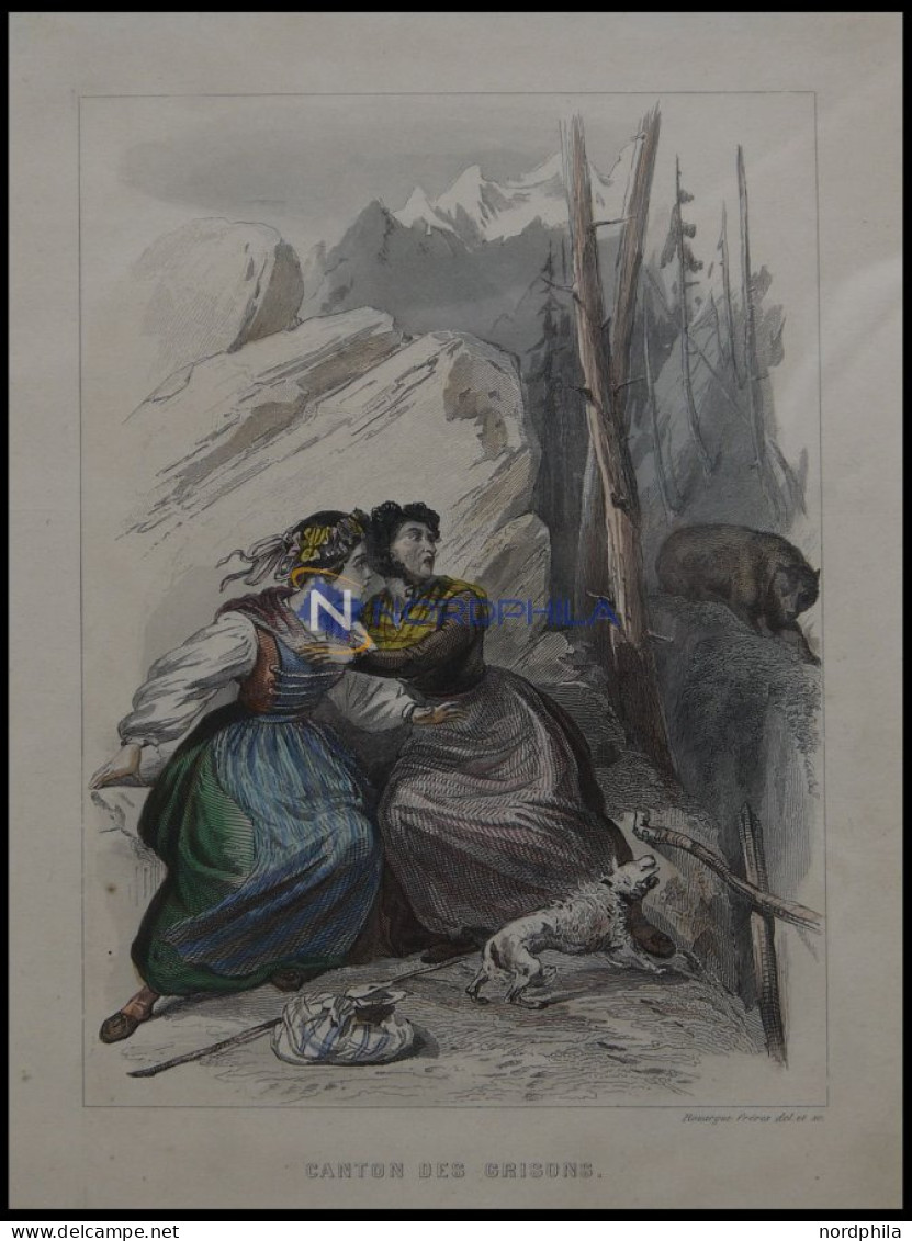 KANTON GRAUBÜNDEN (Canton Des Grisons), Szene In Den Bergen: 2 Frauen Suchen Hinter Einem Felsvorsprung Schutz Vor Einem - Litografía