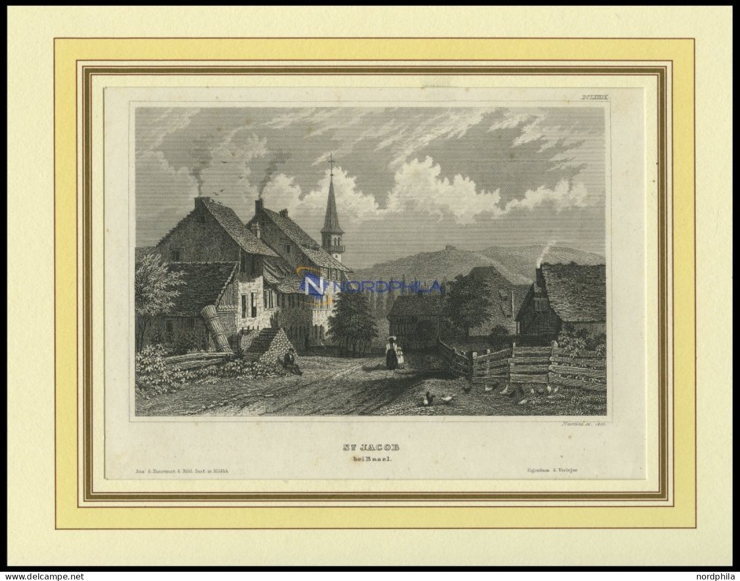 ST. JACOB B. BASEL, Gesamtansicht, Stahlstich Von B.I. Um 1840 - Lithografieën