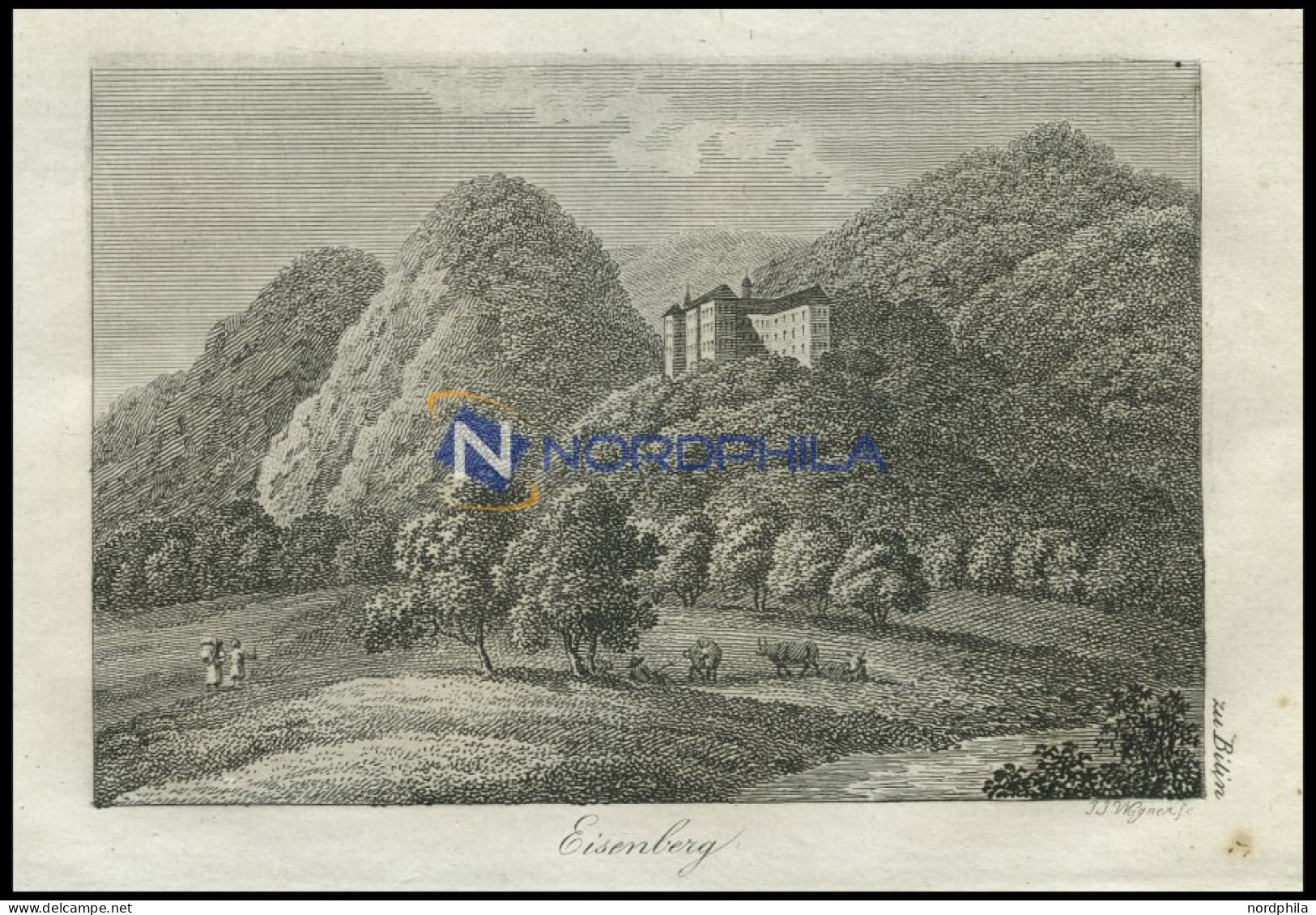 EISENBERG, Zu Bilin/Kgr. Böhmen: Bergschloß Mit Garten Und Wanderern, Kupferstich Von J. J. Wagner Von 1820 - Litografía