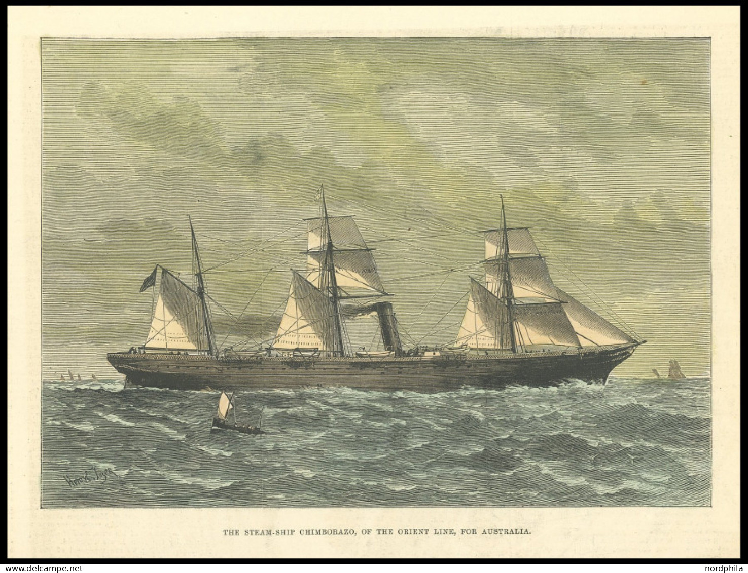 VARIA - SCHIFFE, SCHIFFAH (15x21) , Orient-Linie: Dampfschiff CHIMBORAZO Für Australien, Handkolorierter Holzstich, 1880 - Lithographien