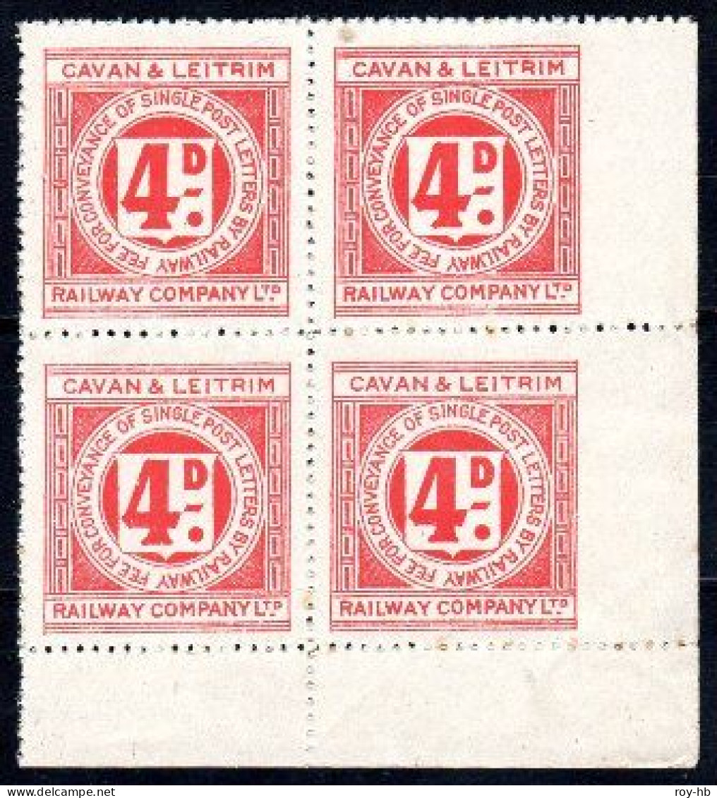 Cavan & Leitrim 4d Carmine Red, Bottom Right Corner Block Of 4, The Two Right Stamps Imperf. Right, Fresh U/m Mint - Spoorwegen & Postpaketten