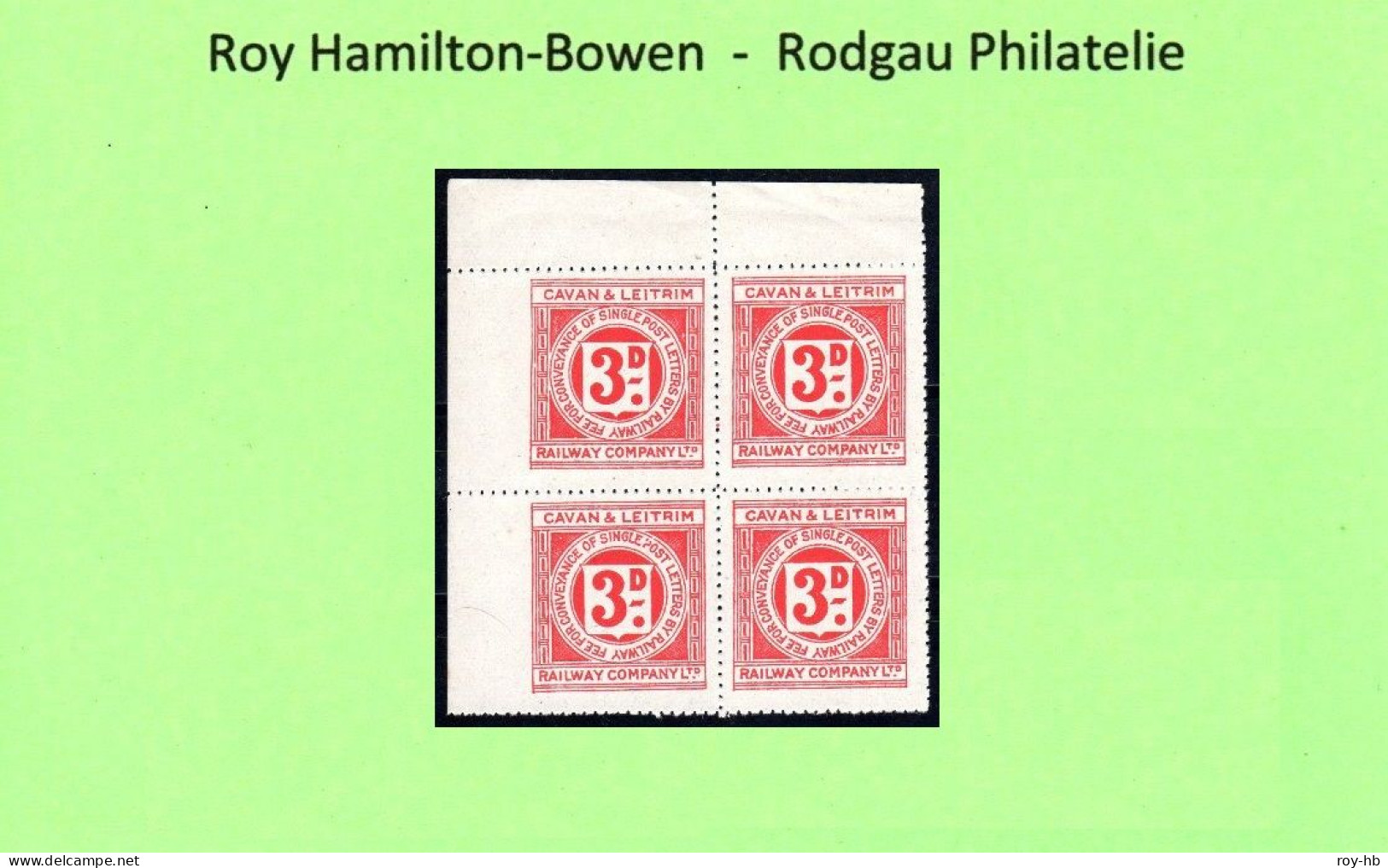 Cavan & Leitrim 3d Carmine Red, Top Left Corner Block Of 4 Without Sheet Number, The Two Left Stamps Imperf. Left, U/m - Spoorwegen & Postpaketten