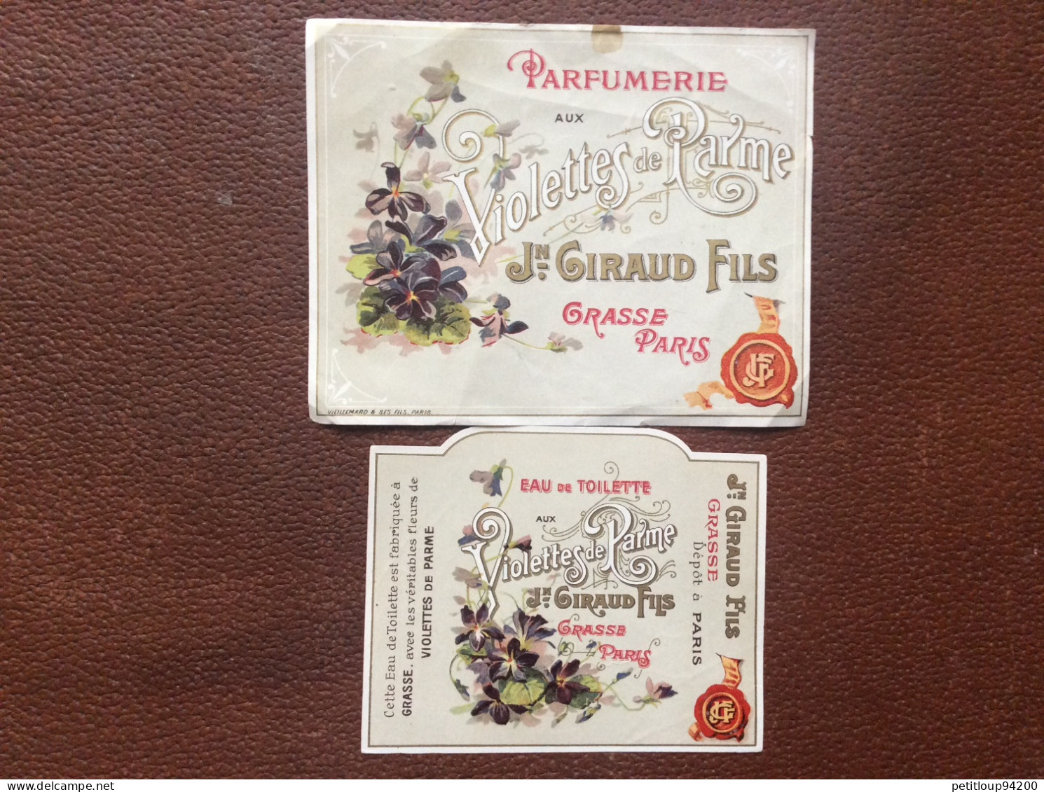 2 ETIQUETTES De Parfum  EAU DE TOILETTE  PARFUMERIE  Violettes De Parme  Jn.GIRAUD FILS  Grasse Paris - Etiketten