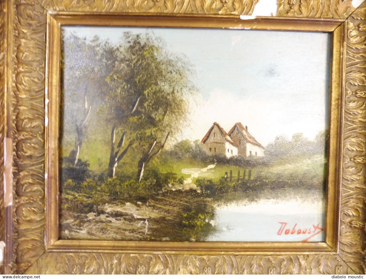 TABLEAU (petite Maison Au Bord D'une Mare)= 37 X 31cm ,Signé Dobousy ? "Nos 20 Ans De Mariage" Daté 86  (1886 Ou 1986) ? - Other & Unclassified