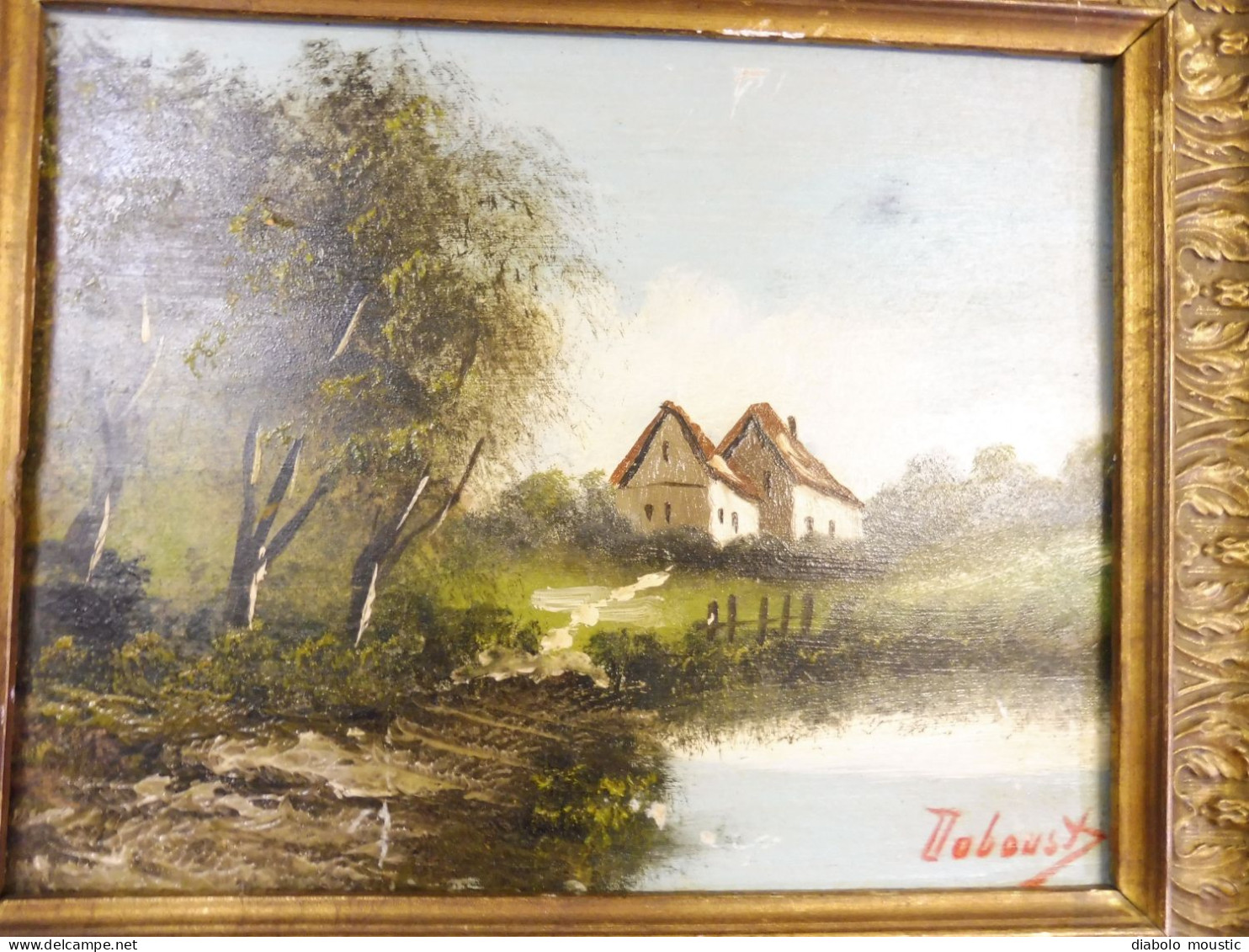 TABLEAU (petite maison au bord d'une mare)= 37 X 31cm ,Signé Dobousy ? "Nos 20 ans de mariage" daté 86  (1886 ou 1986) ?