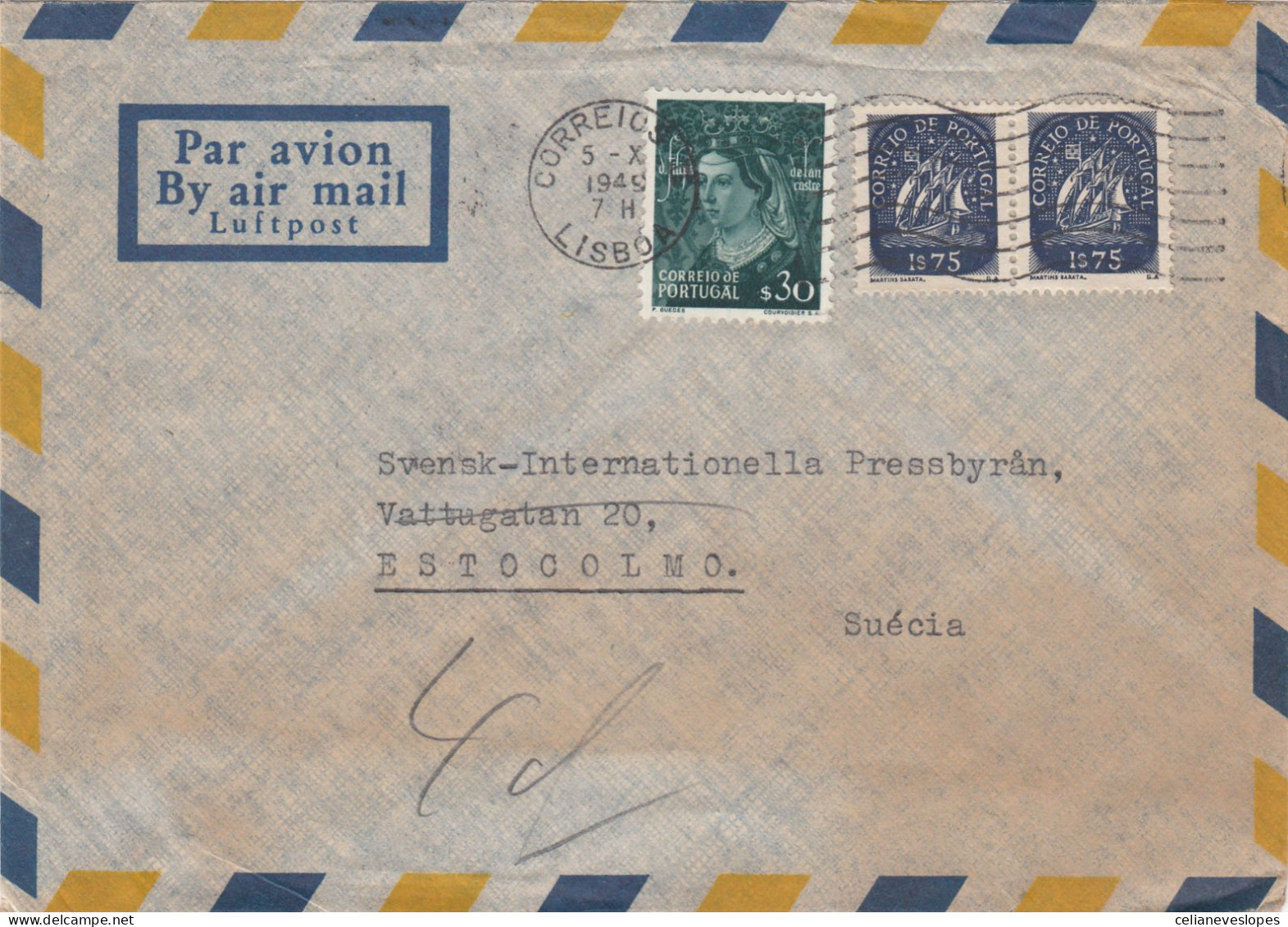Portugal, Carta  Circulada De Lisboa Para A Suécia Em 1949 - Brieven En Documenten
