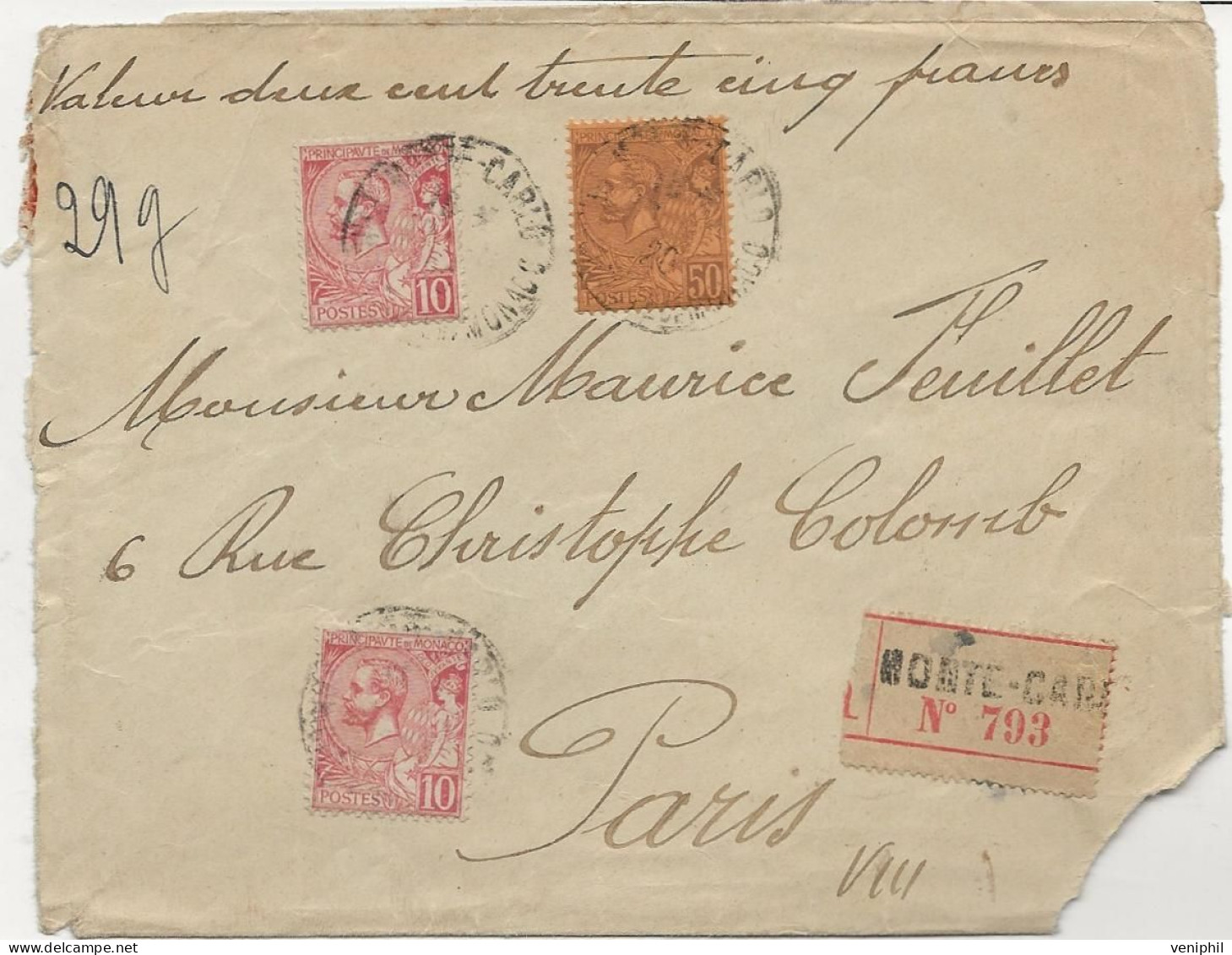 MONACO - DEVANT DE LETTRE RECOMMANDEE AFFRANCHIE N°18 + N° 23 X 2 -OBLITEREE CAD MONTE -CARLO - Postmarks