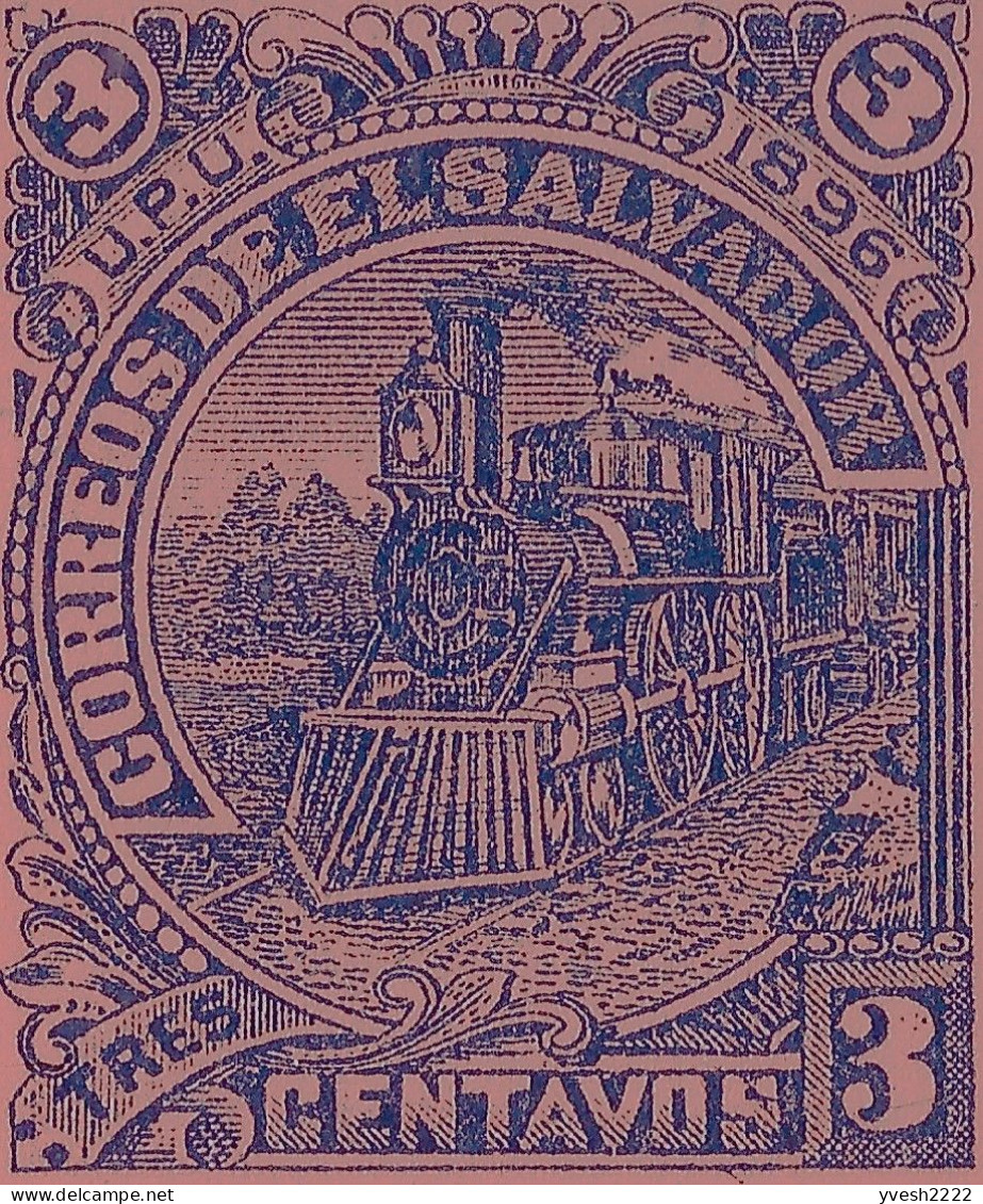 El Salvador 1896. Entier Postal Carte Rose. Timbre à 3 C, Volcan El Boqueron, Locomotive à Vapeur, Cornes D'abondance - Volcans