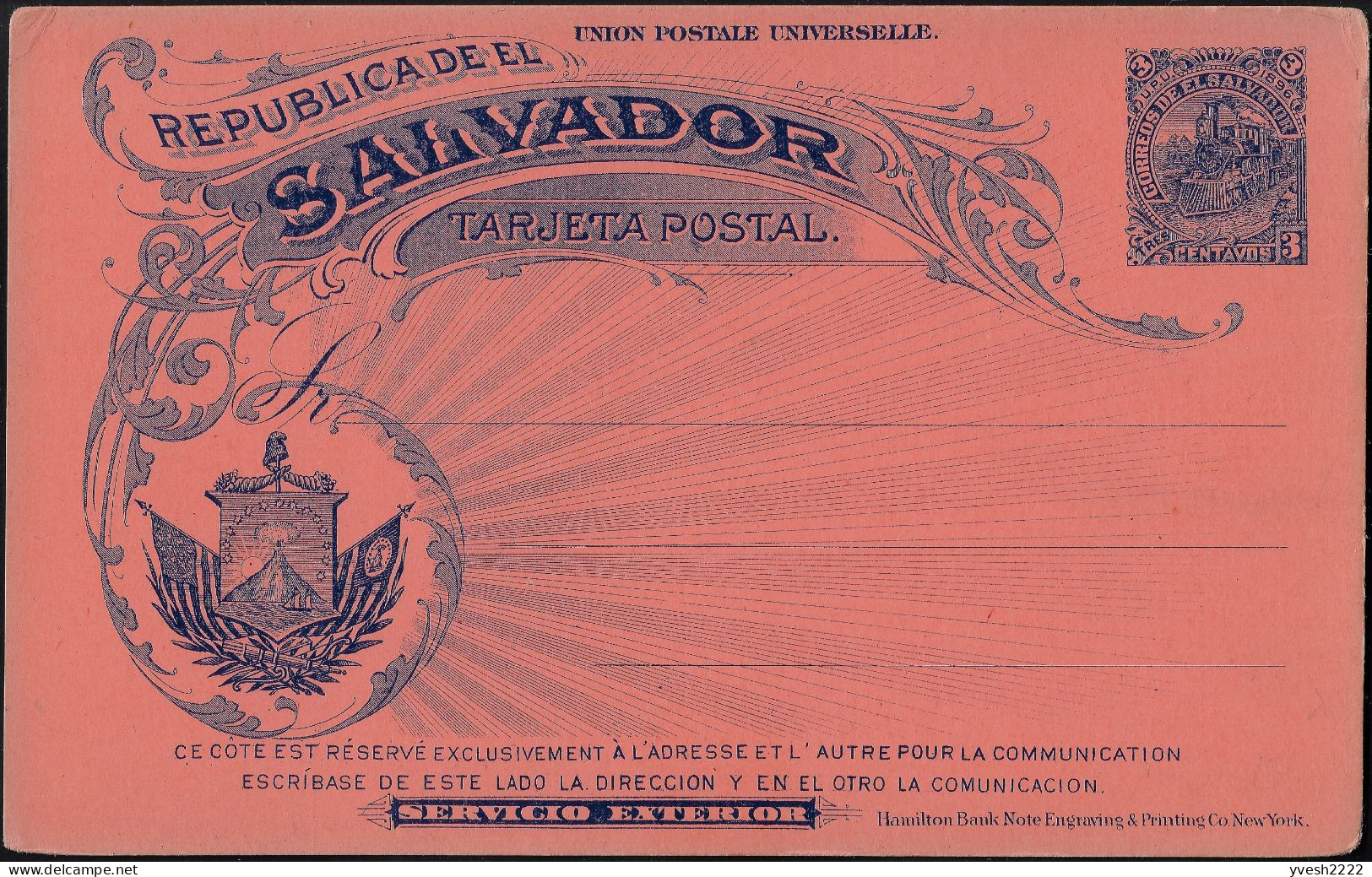 El Salvador 1896. Entier Postal Carte Rose. Timbre à 3 C, Volcan El Boqueron, Locomotive à Vapeur, Cornes D'abondance - Volcans