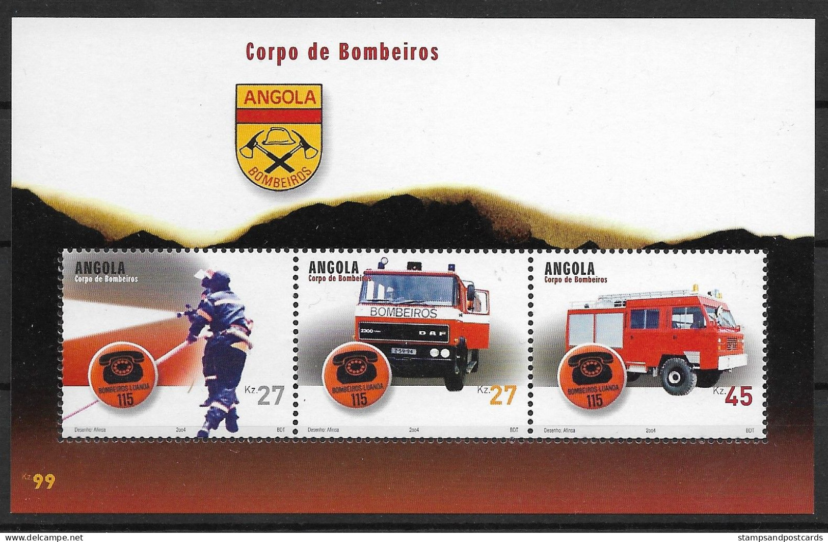 Angola Sapeurs-Pompiers Voitures Bloc 2004 **  Angola Firefighters Fire Engines Souvenir Sheet ** - Angola