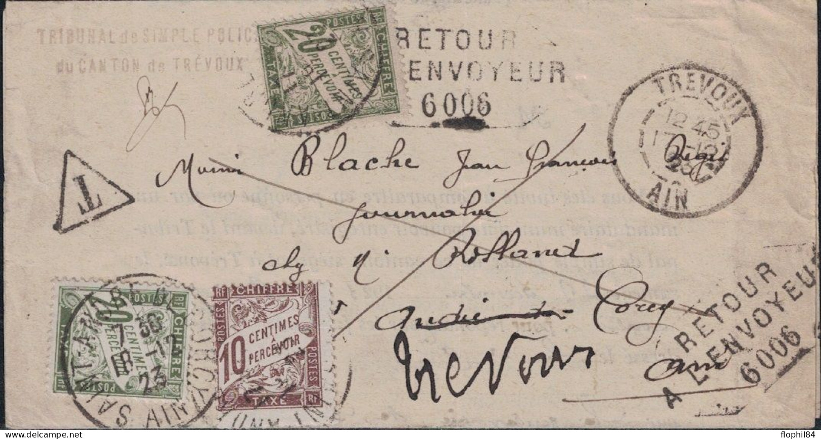 AIN - TREVOUX - LETTRE TAXEE - RETOUR ENVOYEUR 6006 - LETTRE DU 17-12-1923- VERSO ANNOTATION MANUSCRITE. - 1859-1959 Cartas & Documentos