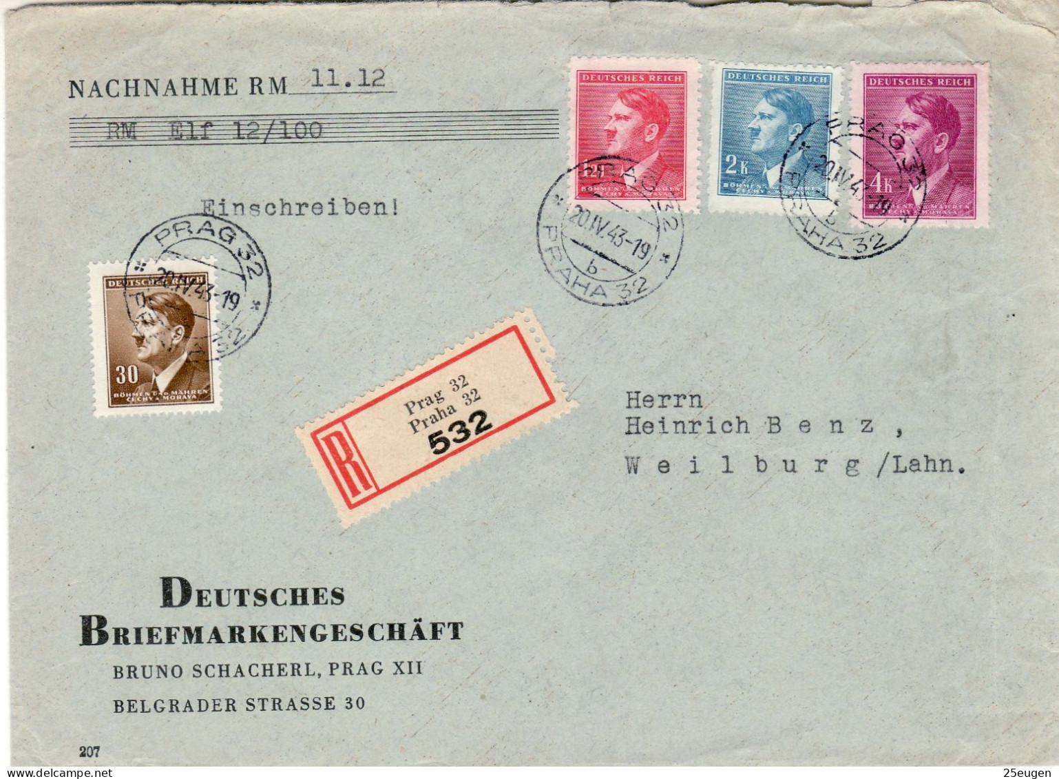 BOHEMIA & MORAVIA 1943 R - LETTER SENT FROM PRAG TO WEILBURG - Briefe U. Dokumente