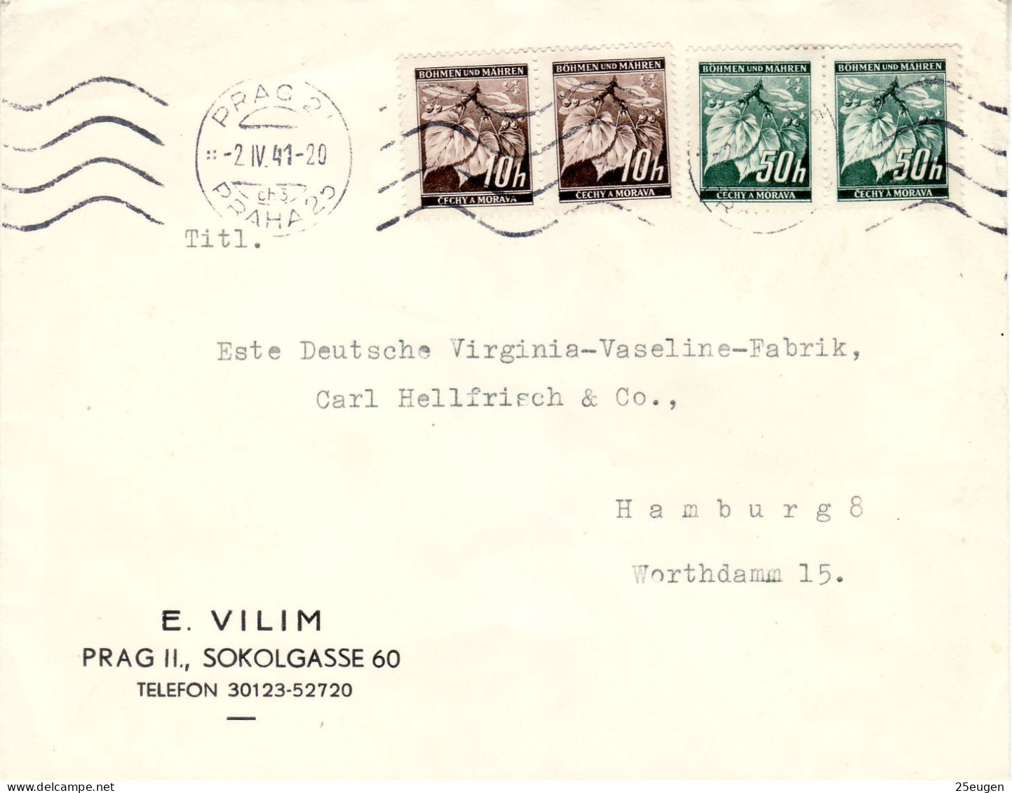 BOHEMIA & MORAVIA 1941 LETTER SENT FROM PRAG TO HAMBURG - Briefe U. Dokumente