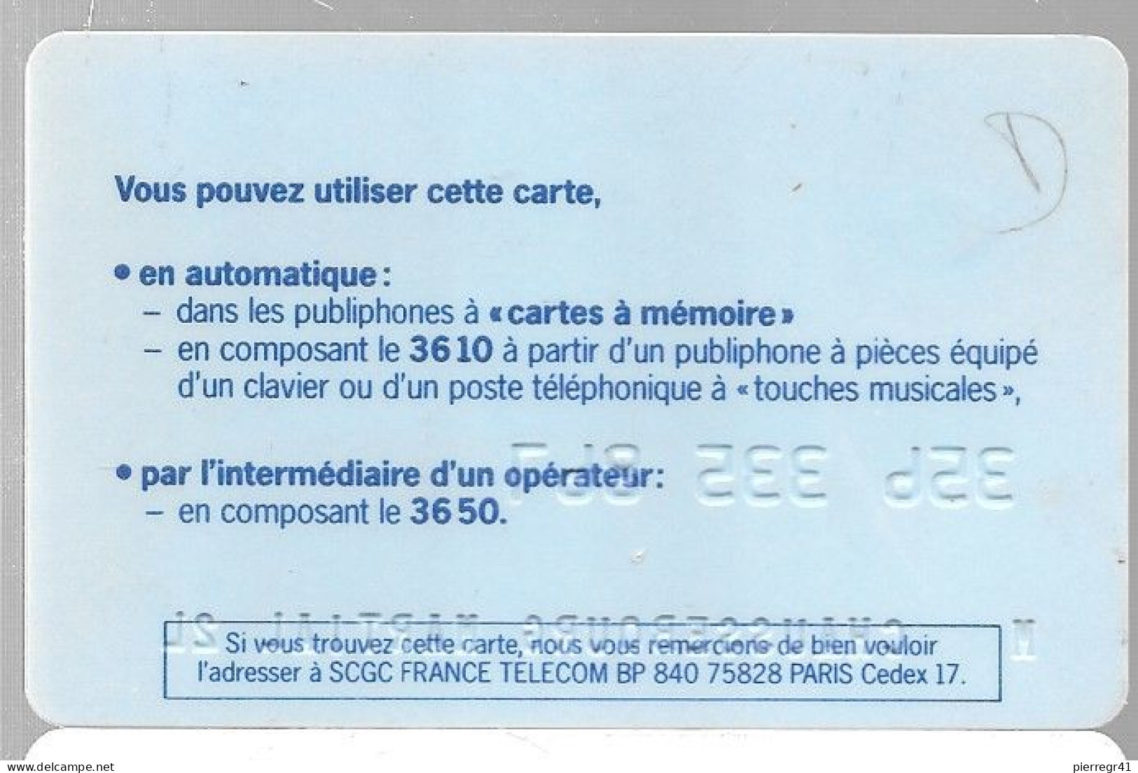 1-CARTE PUCE-BULL D-FRANCE TELECOM-PASTEL-NATIONALE- V° En Bas France Telecom BP840 75828-TBE - Pastel Cards