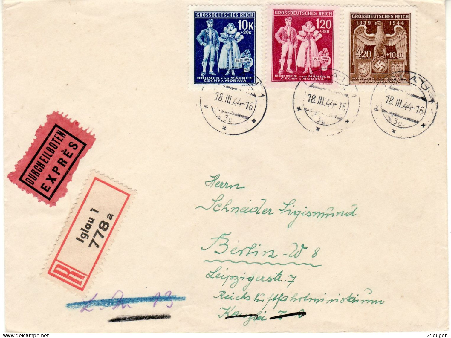 BOHEMIA & MORAVIA 1944 R - LETTER SENT FROM IGLAU TO BERLIN - Briefe U. Dokumente