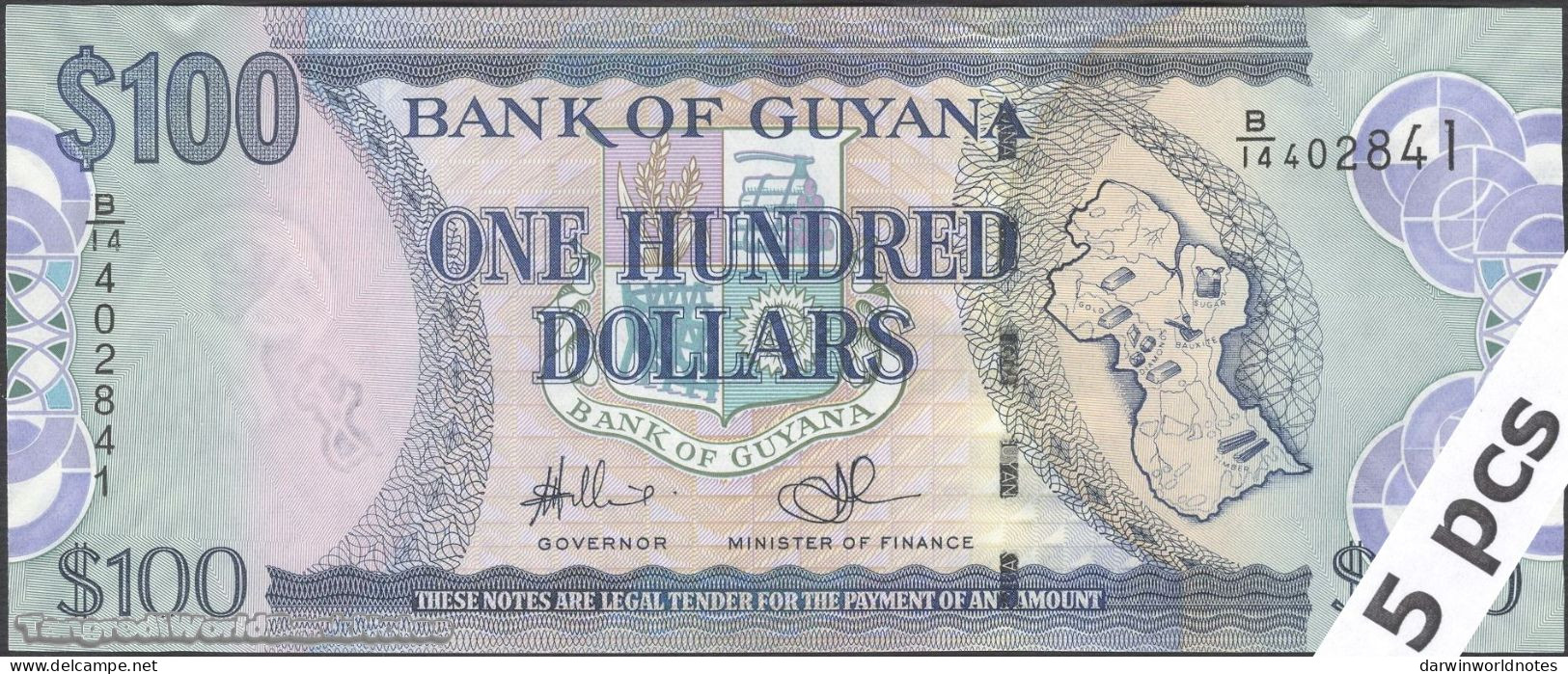 DWN - GUYANA P.36b1 - 100 Dollars ND (2009) UNC - Various Prefixes - DEALERS LOT X 5 - Guyana