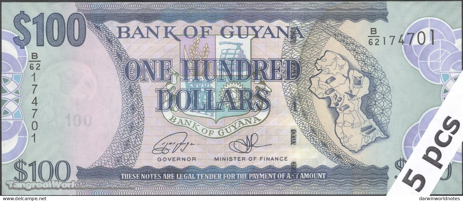 DWN - GUYANA P.36b2 - 100 Dollars ND (2012) UNC - Various Prefixes - DEALERS LOT X 5 - Guyana