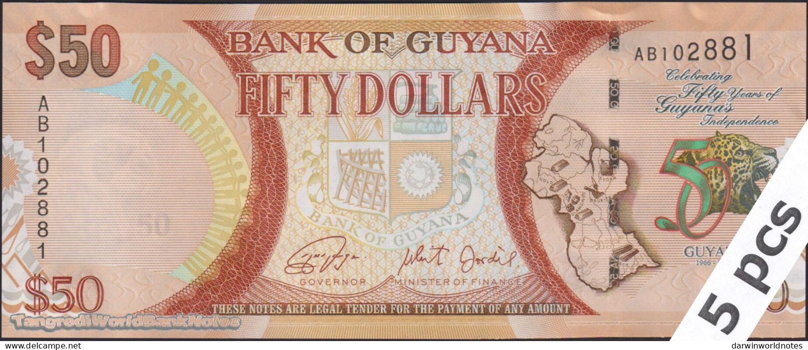 DWN - GUYANA P.41 - 50 Dollars ND (2016) UNC - Prefixe AB - DEALERS LOT X 5 - Guyana