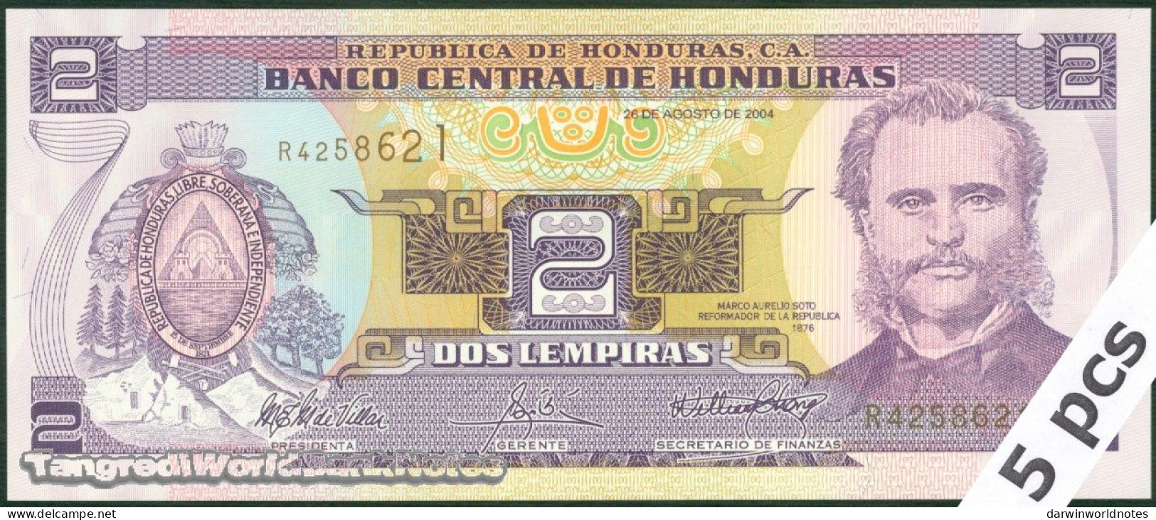 DWN - HONDURAS P.80Ae - 2 Lempiras 2004 UNC - Various Prefixes - DEALERS LOT X 5 - Honduras