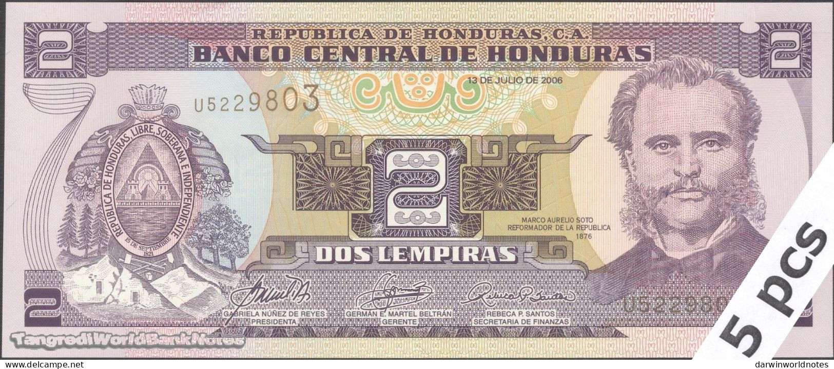 DWN - HONDURAS P.80Af - 2 Lempiras 2006 UNC - Various Prefixes - DEALERS LOT X 5 - Honduras