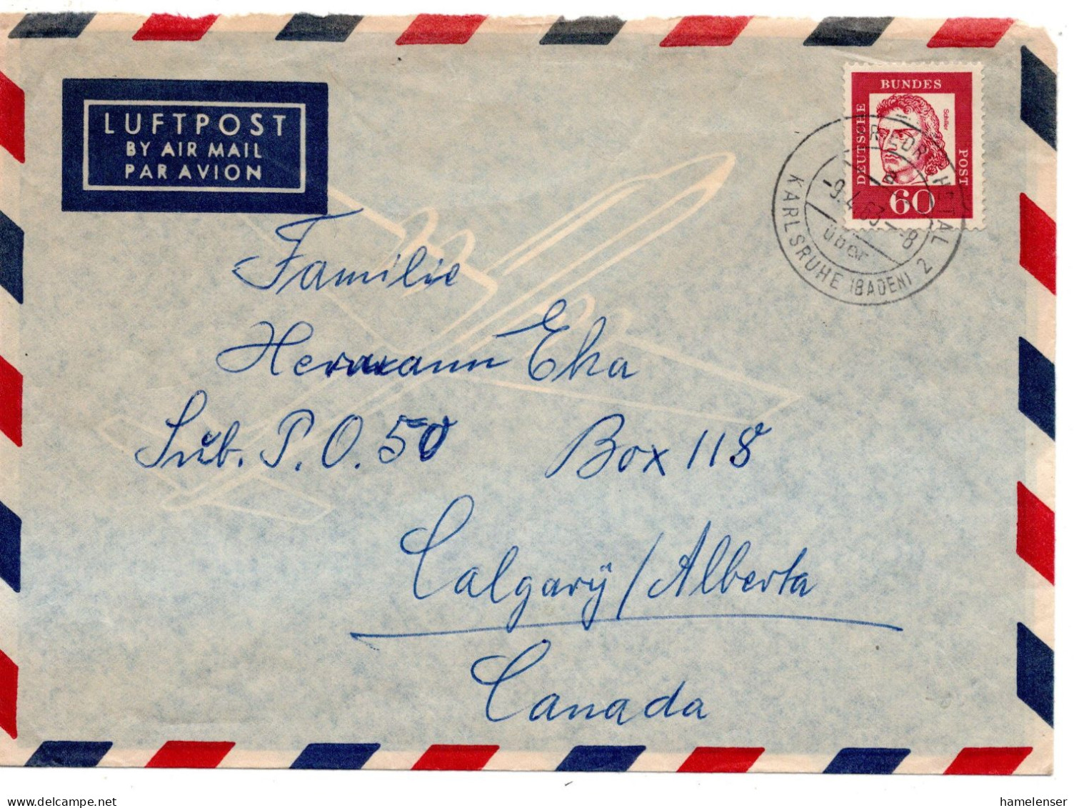 69710 - Bund - 1963 - 60Pfg Schiller EF A LpBf (rs Klappe Fehlt) FRIEDRICHSTHAL -> Calgary, AB (Canada) - Lettres & Documents