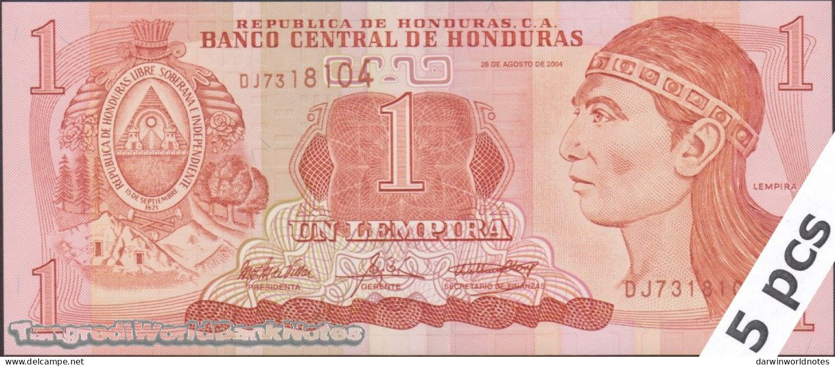 DWN - HONDURAS P.84d - 1 Lempira 2004 UNC - Various Prefixes - DEALERS LOT X 5 - Honduras